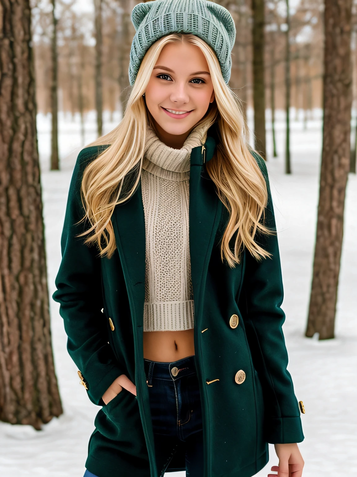 1 girl, age19, Long hair, big chest, blonde hair, green eyes, Realistic, A sexy and slim, winter clothes
