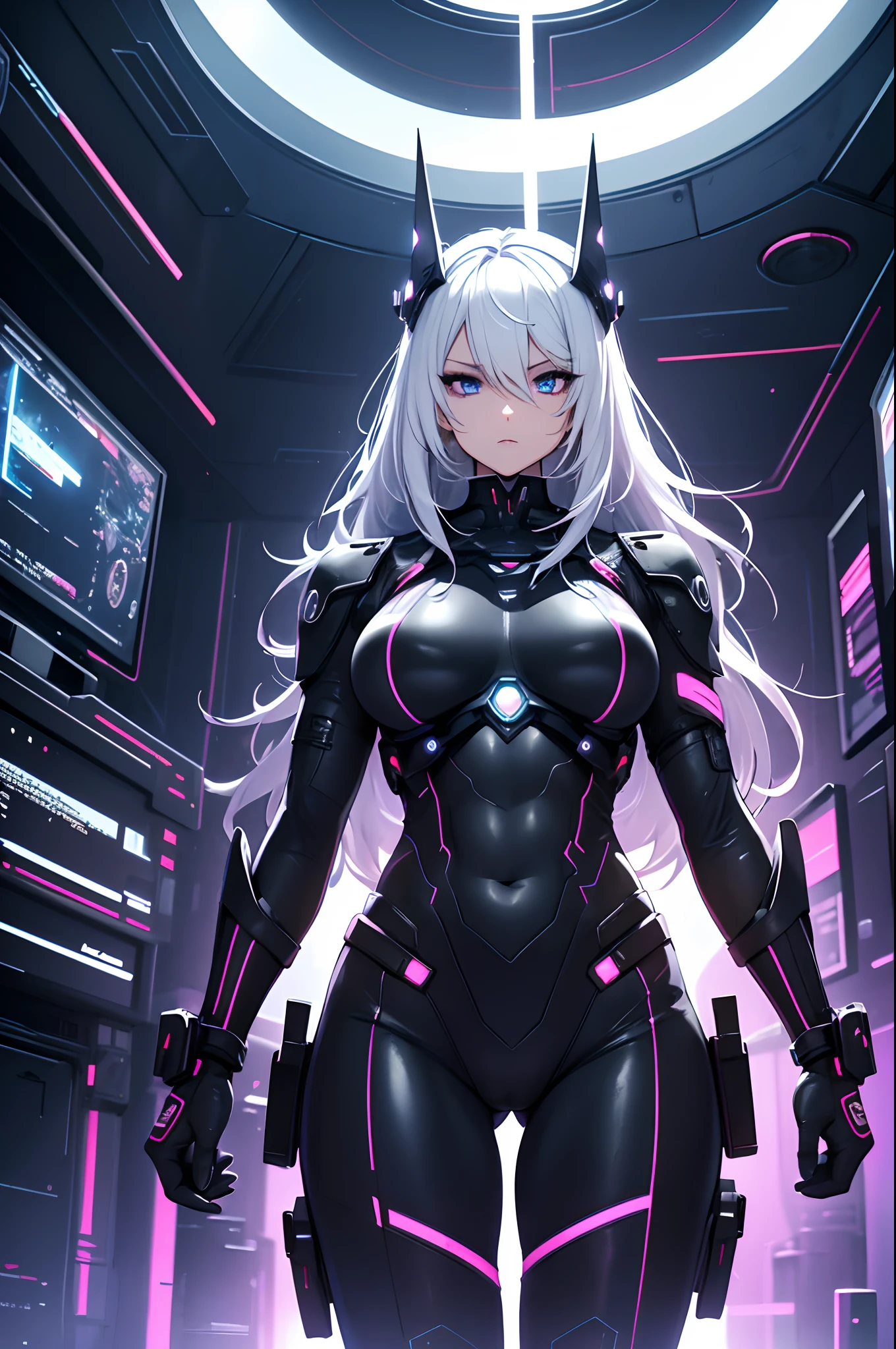 Bonito, mujer, cara sexy, ojos amarillos, pelo blanco, cuerpo delgado, pose sexy, Medias rosas, mecha, neon sign, Ciudad de noche LED, visto desde arriba, alta calidad, Realista, Luz hermosa, Detalle completo, fondo negro