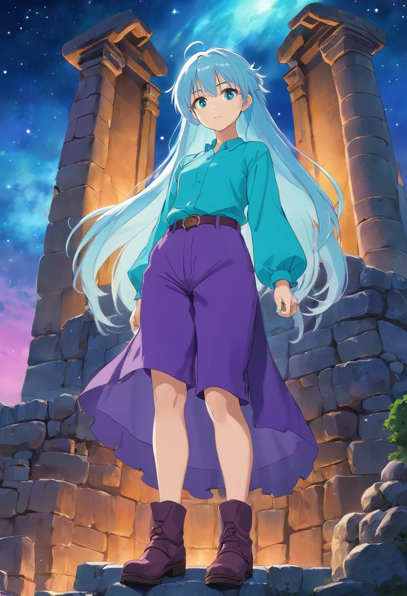 A beautiful young woman (1 girl) about 20 years old. powerful look. Imposing appearance. Long light blue hair, straight hair, ((messy)) hair, ((bangs)) and big (right turquoise, left purple) eyes. Turquoise blouse and purple tide pants. Leather boots. Greek templo ruins background at night, with a starry sky. Taurus constellation representation on sky.