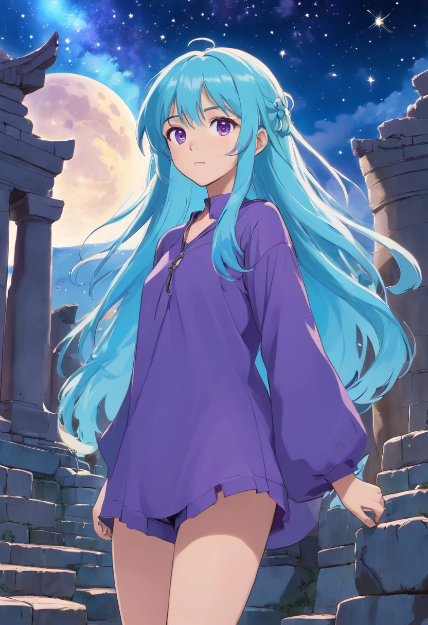 A beautiful young woman (1 girl) about 20 years old. powerful look. Imposing appearance. Long light blue hair, straight hair, ((messy)) hair, ((bangs)) and big (right turquoise, left purple) eyes. Turquoise blouse and purple tide pants. Leather boots. Greek templo ruins background at night, with a starry sky. Taurus constellation representation on sky.