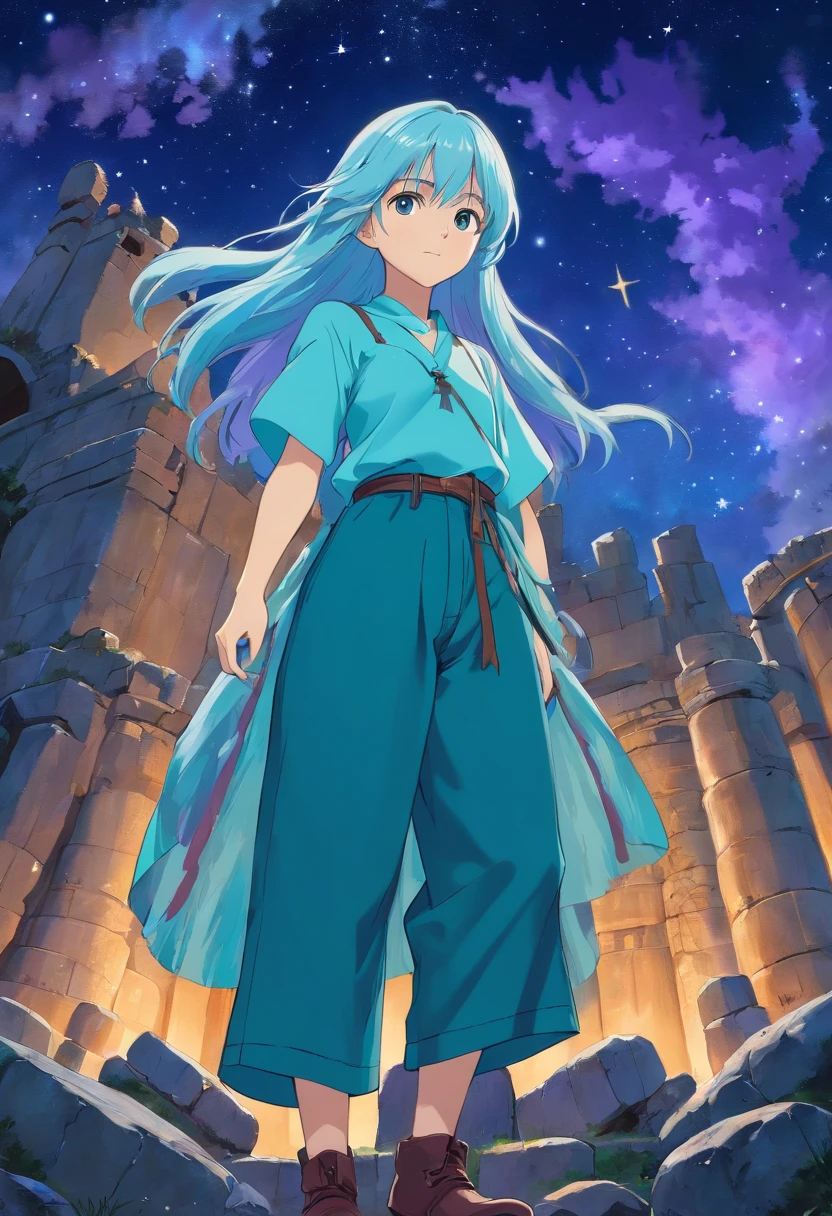 A beautiful young woman (1 girl) about 20 years old. powerful look. Imposing appearance. Long light blue hair, straight hair, ((messy)) hair, ((bangs)) and big (right turquoise, left purple) eyes. Turquoise blouse and purple tide pants. Leather boots. Greek templo ruins background at night, with a starry sky. Taurus constellation representation on sky.
