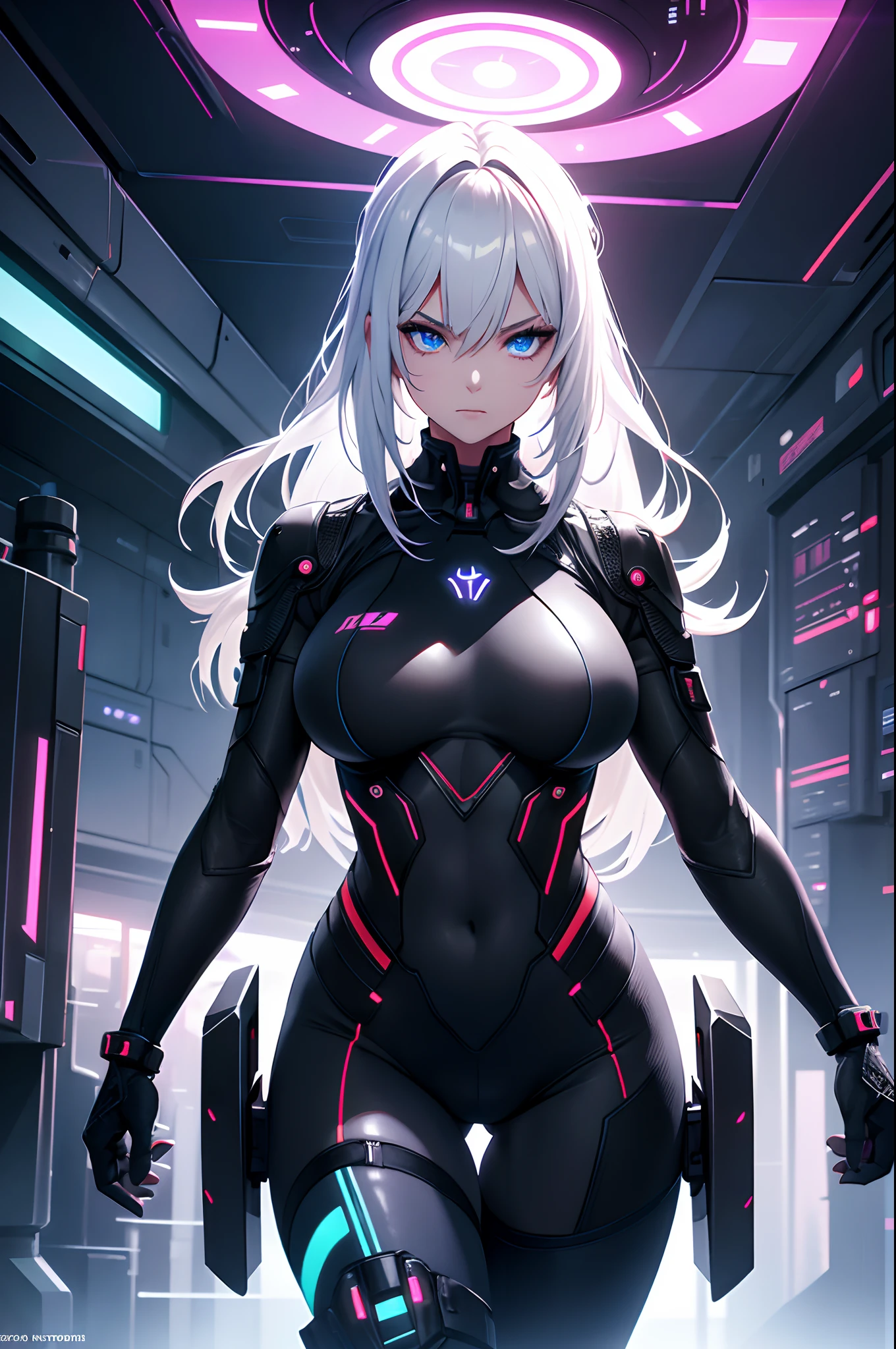 hdr, cyberpunk, futuristic, science fiction, 2k, 4k, 8k, masterpiece, highres, detailed glow, detailed reflections, 1girl, solo, slim, athletic, long hair, gradient white hair, purple pulpils, perfect hands, perfect legs, perfect eyes, {perfect detailed eyes}, {beautiful detailed face}, lower saturation, {thighhighs}, gray military uniform, neon lights, carbon, {{mechanical hand}}, space ship background, {symmetry}, goddess, [backlighting], {mythical aura}, cinematic, symbolism, {dark aura}, standing, killer intent, hands, tight black bodysuit, spaceship, big breasts, thick thighs, (defined 8-pack abs:1.1), femdom, dominant, slim waist, ample chest, microphone, pilot