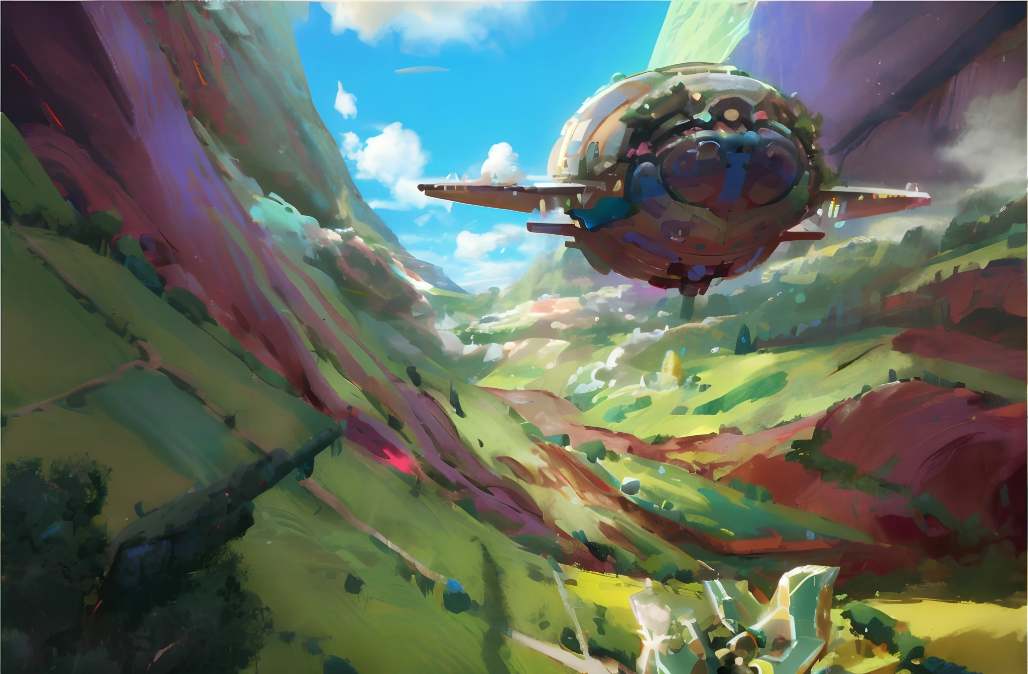 Painting of a spaceship flying over a lush green valley, paul lehr and beeple, colorful concept art, ross tran. scenery background, inspired by Craig Mullins, award winning concept art, illustration concept art, concept art by disney, concept art illustration, Anime fantasy artwork, High quality digital concept art, krenz cushart and artem demura