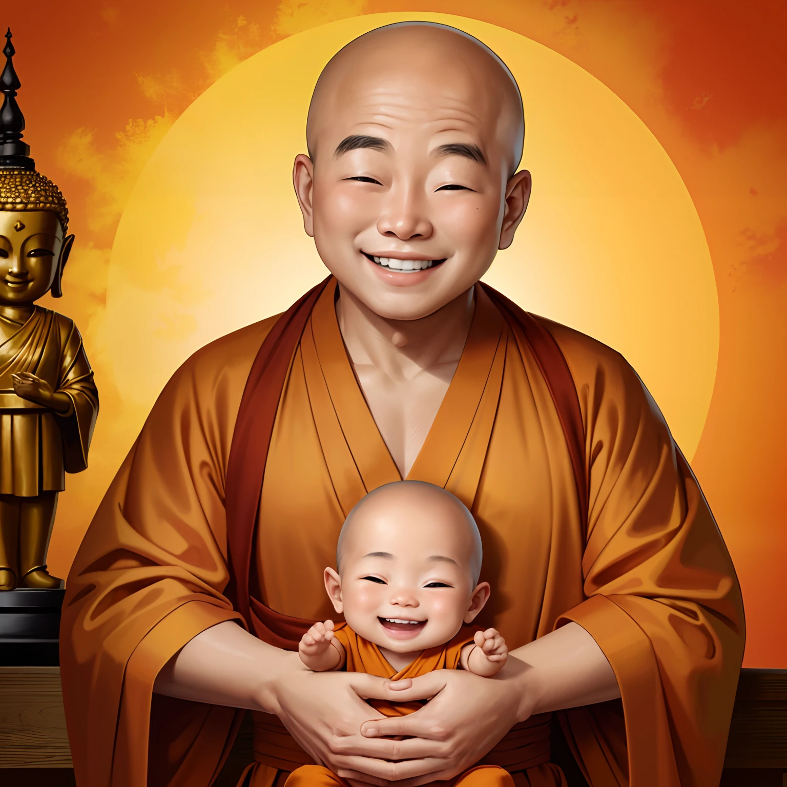 smiling baby with orange robe and a buddha statue in the background, buddhist, buddhism, monk, wide grin, serene smile, buddhist monk, big smile, with a happy expression, funny, innocent smile, happy expression, small wide smile, cute smiling face, smiling expression, happy and smiling, happy face, wide smile, smiling, he is very happy, cheeky smile