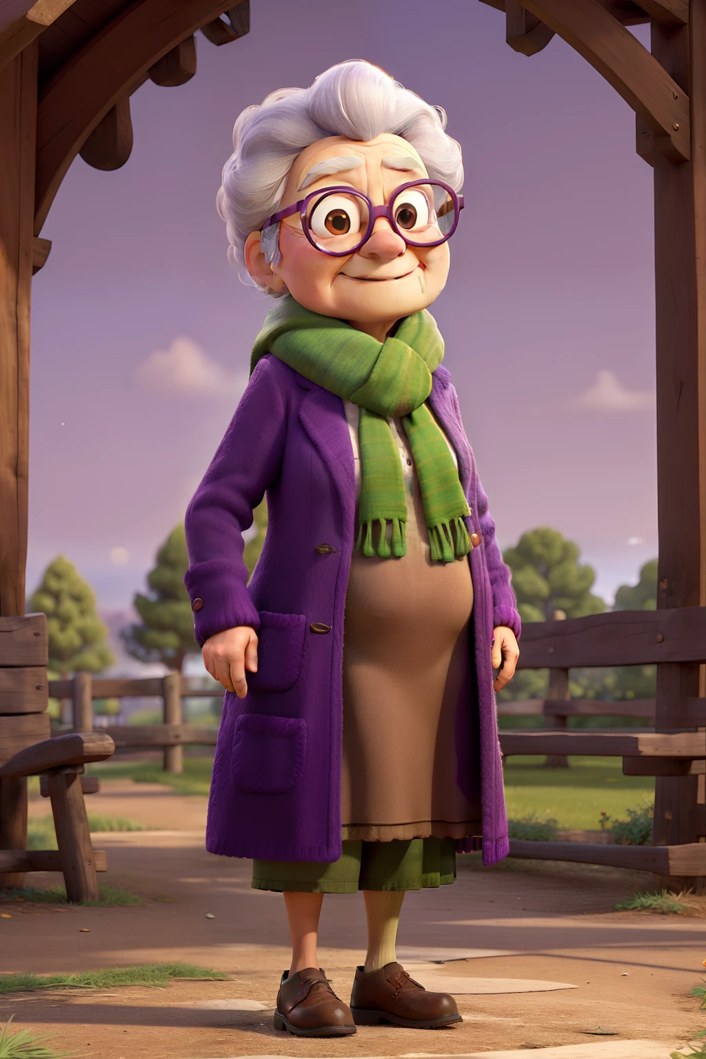 masterpiece, best quality, an old woman with glasses and a scarf on, wearing a purple coat and green scarf, standing at the park