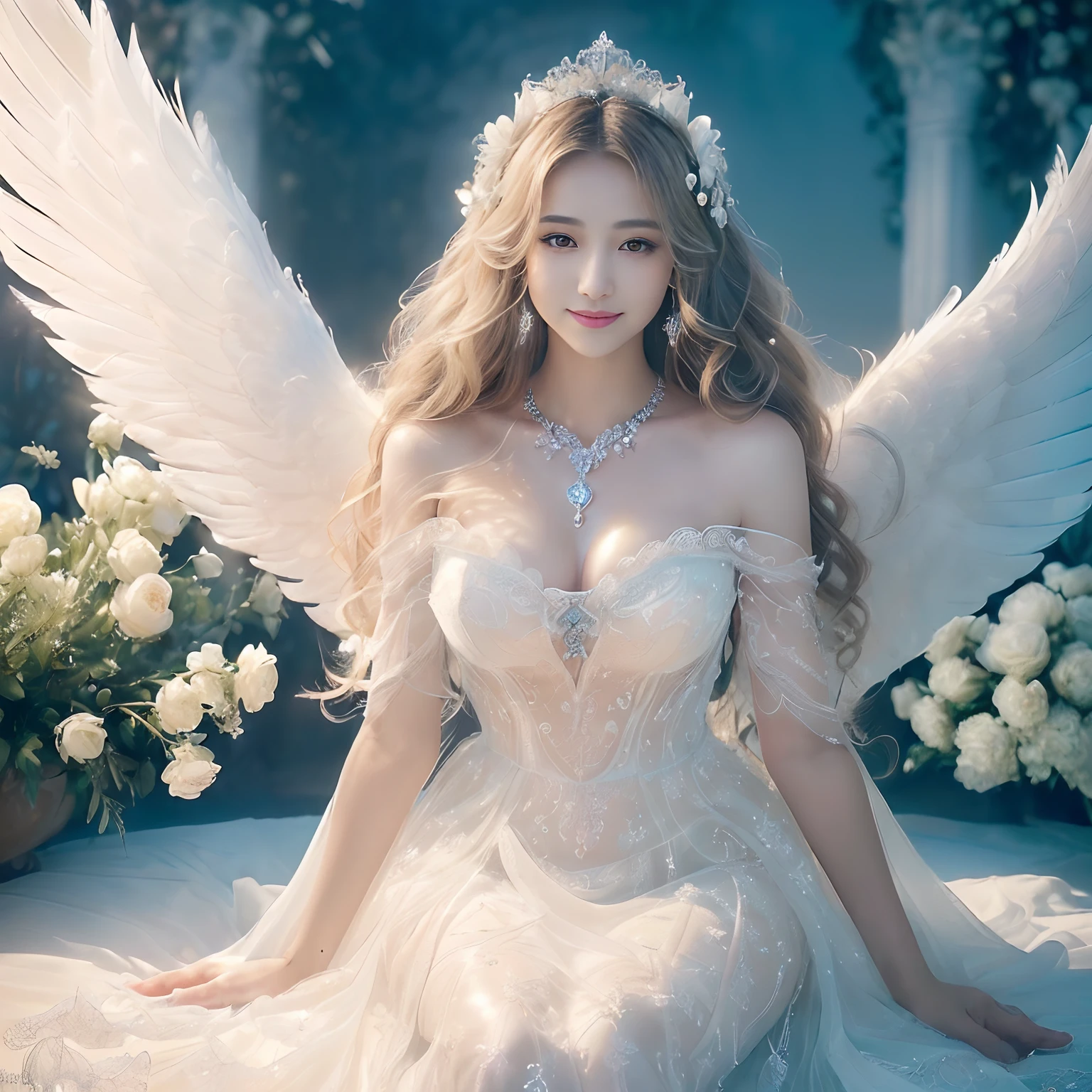 (((masutepiece、top-quality、Highly complex and detailed depictions)))、((Very beautiful angel queen,Maternal smile,mothers,Smile、Beautiful smile,Above the knee、full body Esbian、Final Form as Perfect Angel, ,Huge and realistic angel wings,The most dignified feathers,The most detailed and intricate angel wings、Deities々Shikai,King of Angels,The most dignified angel,Shimmering white feathers、Plumage gives off a transparent shine、Angels descending from the sky、Soaring from the sky、Being in the air、A fairytale sky、Graceful and classy pose、Filled with Divine Light、Descend into a field of snow-white flowers、The ground, which is filled with white flowers、Ground and sky、The ground is a field of pure white flowers、Detailed clouds in the background、Angels bathed in the sacred soft light、spectacular movie lighting、Hair swaying in the wind、Loose feathers flutter、Angels descending from the sky、The most classy white dresses、Very noble、refinement、top grade、The background is a fairytale glow、Enveloped in fairytale light、White glow、Immerse yourself in the sacred glow of a fairy tale、Composition looking up from below、An angel descended from the sky、The most massive pure white princess dress, The finest necklaces,artistic décor,Intricate and solemn dress of an angelic masterpiece,White decorative dress,Huge Princess Dresses,The most majestic figure of the angel,The most intricately depicted angelic figures,An angel with a crystal clear glow、Deities々It emits a pure white glow、Plumage gives off a crystal clear shine、It is full of sacred and intricate brilliance、the most beautiful in the world,Unimaginable beauty,divine atmosphere,The most intricate and beautiful dresses,Accurate reproduction of the perfect angelic detail,The figure of an unimaginably beautiful angel)),((Most beautiful face,Half Japan and half Spanish,Maternal tenderness、Maternal smile,Beautiful wavy hair,The most luxurious and intricate dresses,stares at the camera、Giant wings of angels,masutepiece,8K,very intricate,ultra-detailliert))