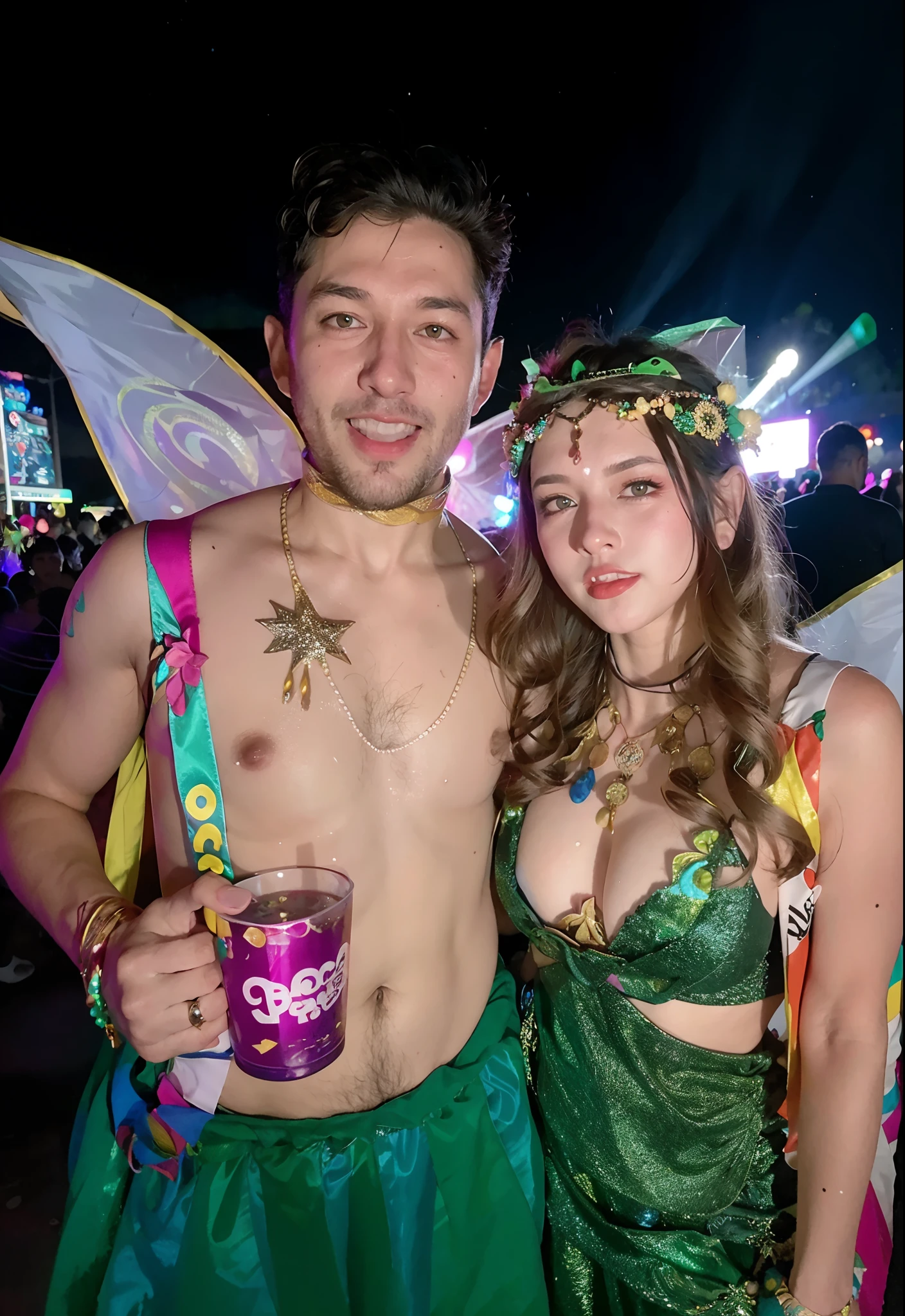 There's two people in costume at a festival, roupa rave, roupa rave selvagem, roupa rave divertida, Roupa rave ousada, festa rave, roupa rave bonito, festival vibes, Rave Inspirado, sorrindo como uma rainha de fadas, cena de uma rave, goblins festejando em uma rave, em uma rave, lots of revelers, edm fans, menina raver