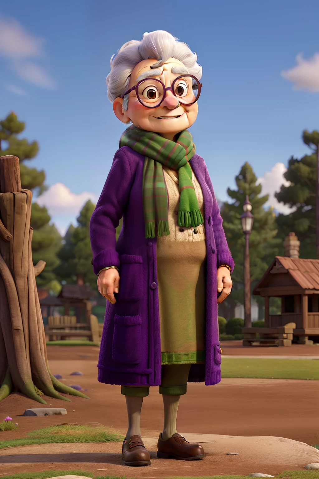 masterpiece, best quality, an old woman with glasses and a scarf on, wearing a purple coat and green scarf, standing at the park