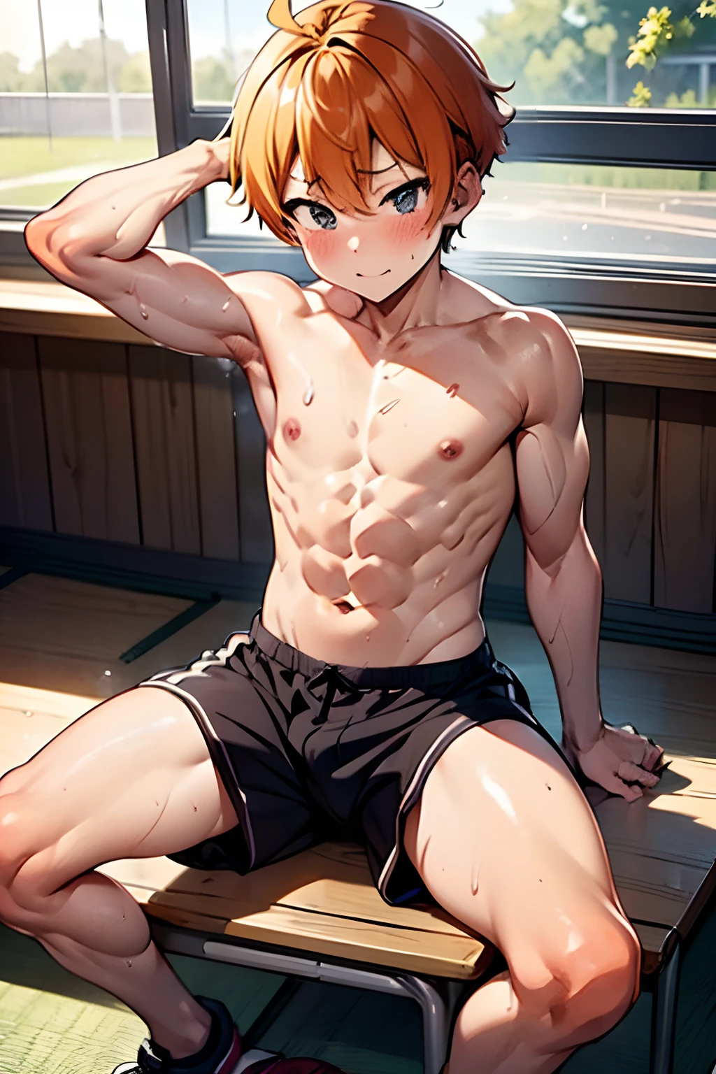 [1 boy] , [masterpiece] , shy , sweaty , exercise, (heavy sweat) , young boy! ,[] , japanese anime , show abs , bicep , orange short hair , innocent , muscle, cute , lewd , student , classroom , student pant , under sunlight , hot , shota , shotacon , ecchi , sexy , topless , wear shorts , male