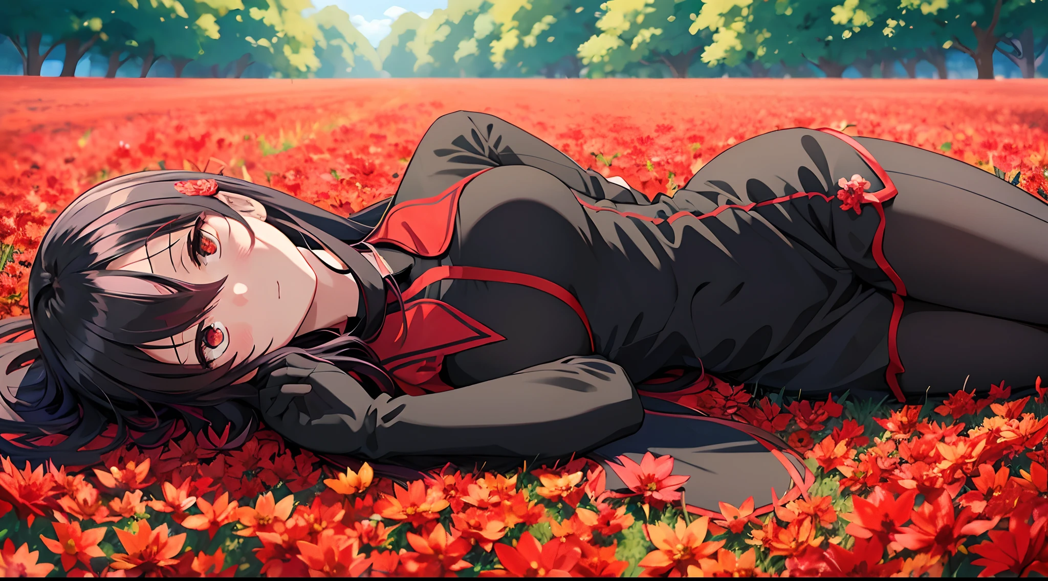 (Anime 1.5), (1girl), anime girl lying in a field of red flowers, red butterflies, beautiful and highly detailed, long black hair, red school dress, black leggings