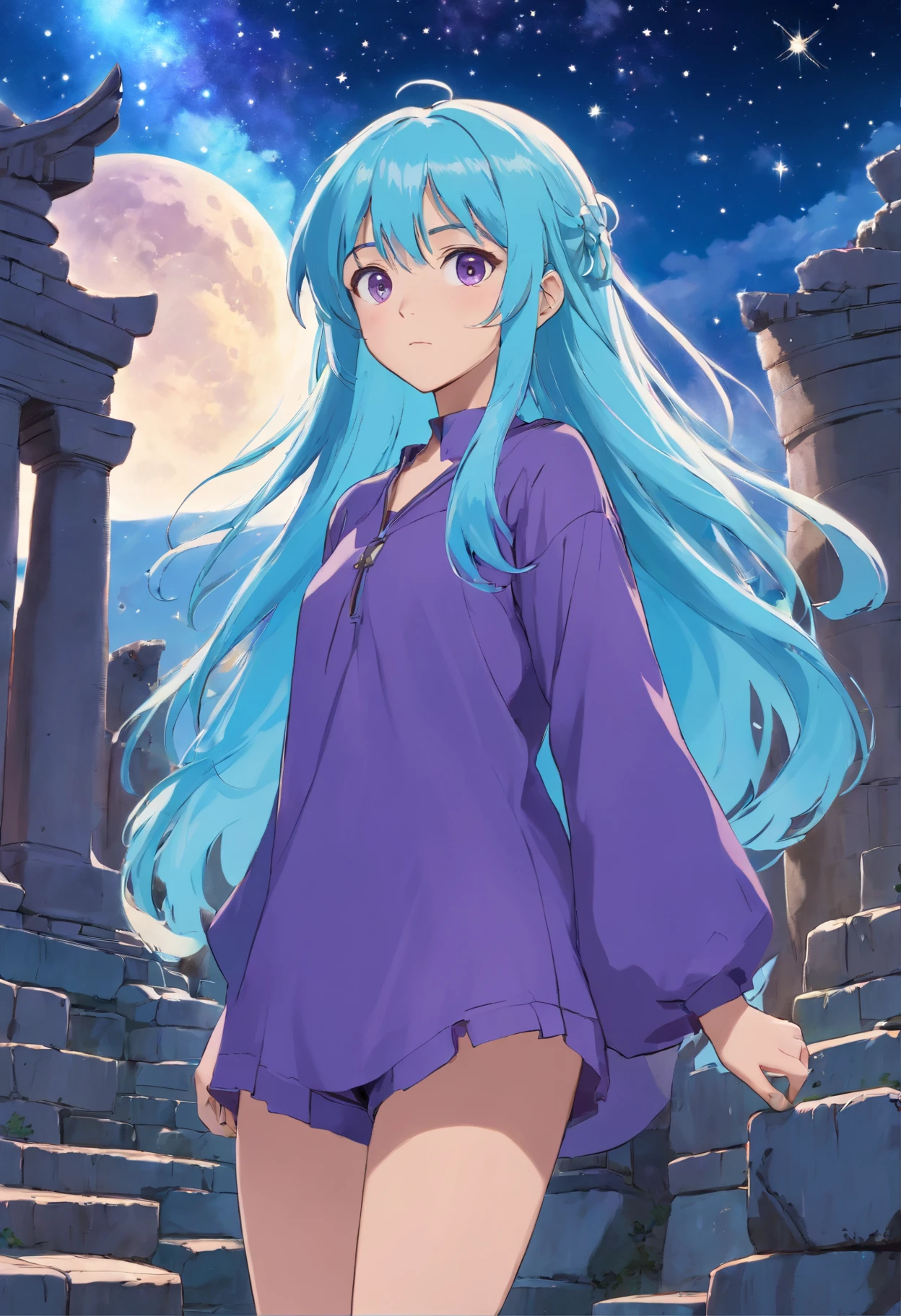 A beautiful young woman (1 girl) about 20 years old. powerful look. Imposing appearance. Long light blue hair, straight hair, ((messy)) hair, ((bangs)) and big (right turquoise, left purple) eyes. Turquoise blouse and purple tide pants. Leather boots. Greek templo ruins background at night, with a starry sky. Taurus constellation representation on sky.