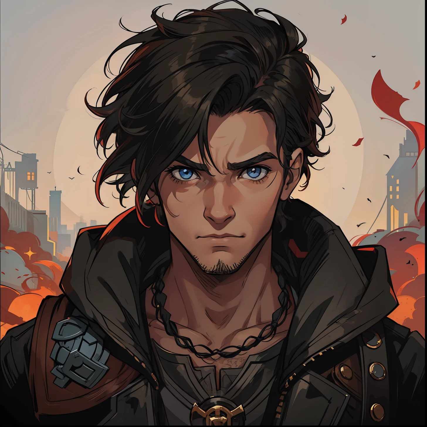 1 Homem lindo Steampuk, Cabelo de lado tattuagens, fundo cidade anoite, uma arte para um Jogo de rpg, Non-human art for an RPG ((perfect strokes)) ((cabelo detalhado))