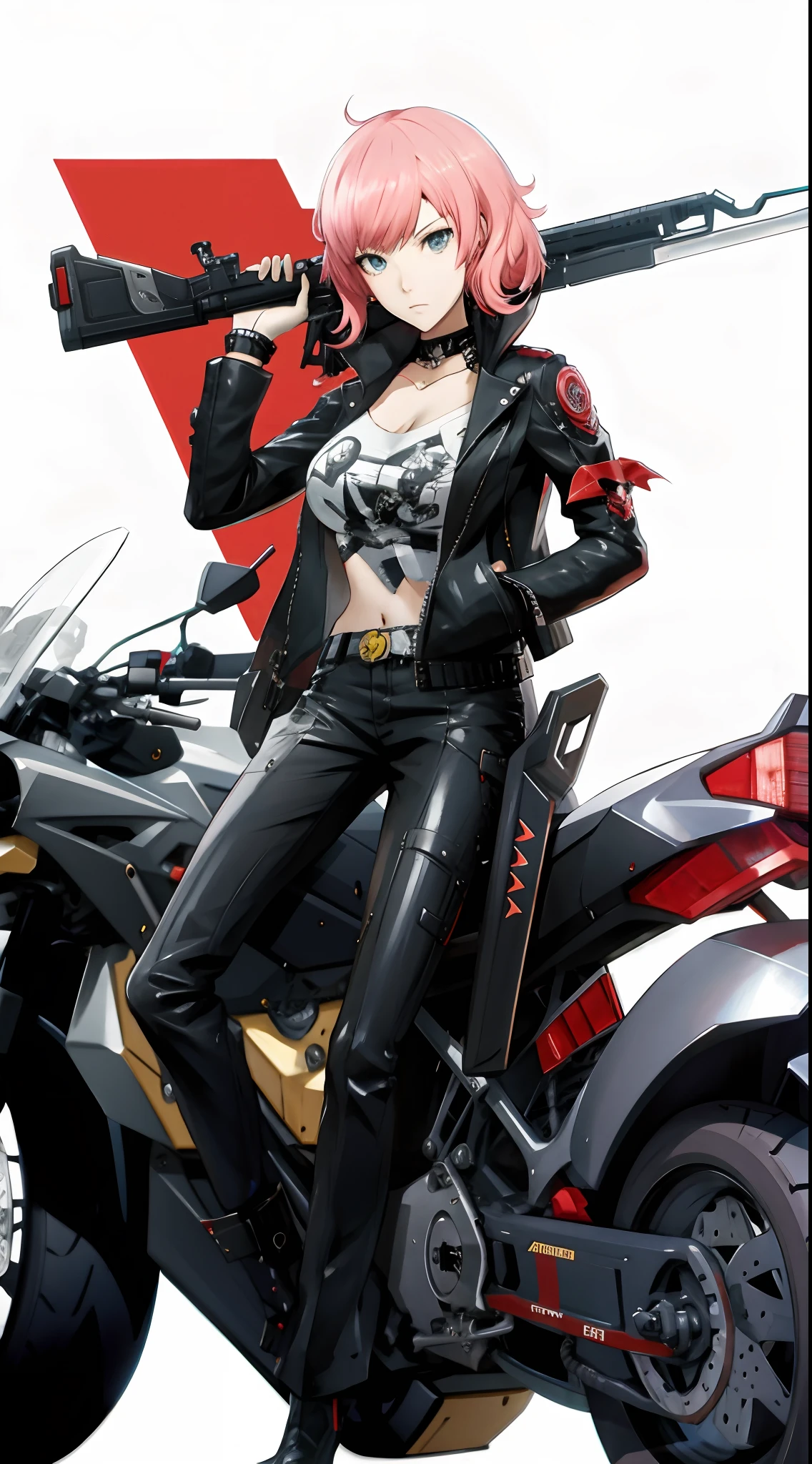 anime girl sitting on a motorcycle with a gun on her shoulder, persona 5 art style wlop, badass anime 8 k, rumble roses, no more heroes concept art, cushart krenz key art feminine, persona 5 style, by Yang J, sitting on cyberpunk motorbike, motorcycle concept art, made with anime painter studio, female action anime girl, motorbiker, nikke sugar character