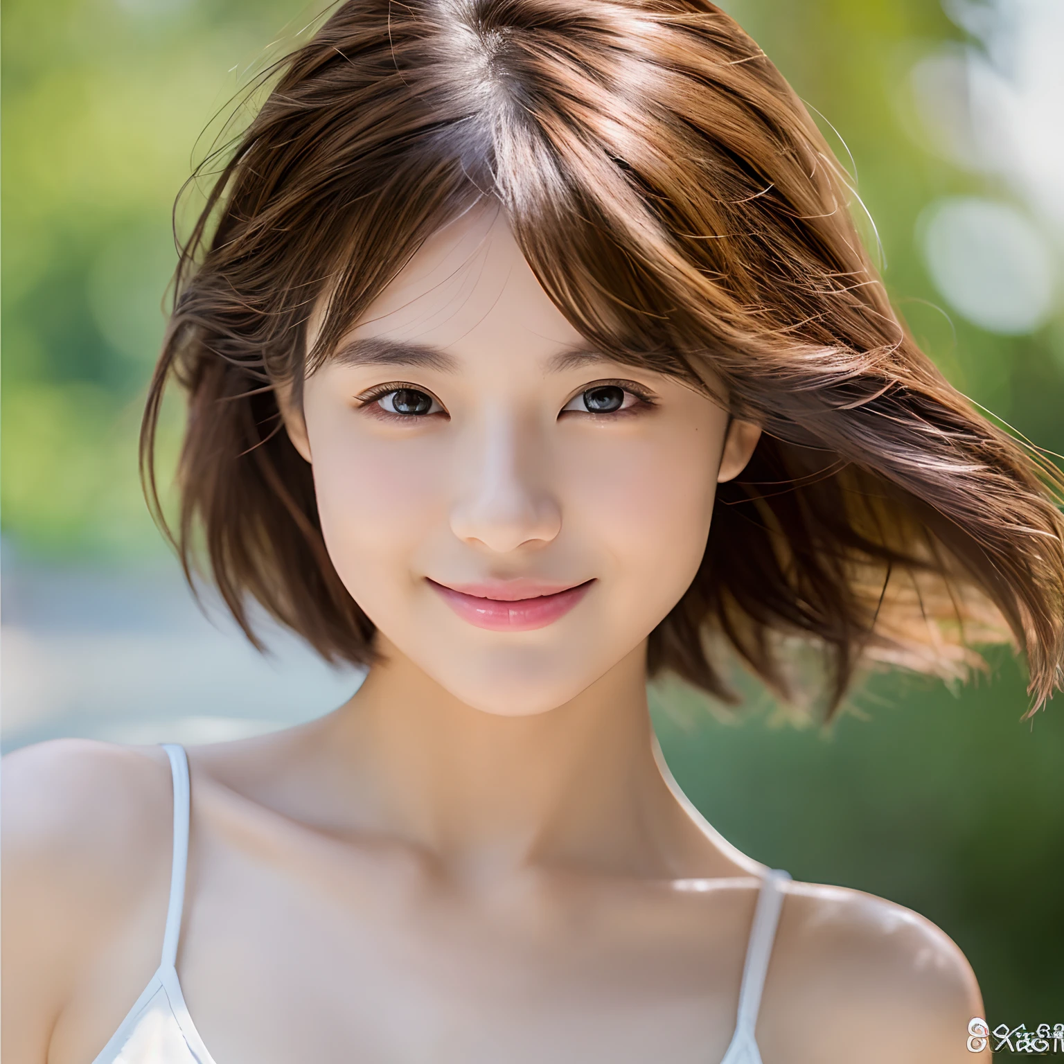 incredibly absurd, beautiful and cute 20-year-old Korean girl with a photorealistic face, showcasing top-quality craftsmanship. Her slender frame adorned with short, messy hair. The artwork high-resolution, allowing for ultra-detailed features to be captured flawlessly. The focus lies on the realistic pupils, showcasing depth and emotion. ((breasts out)) cute smile.