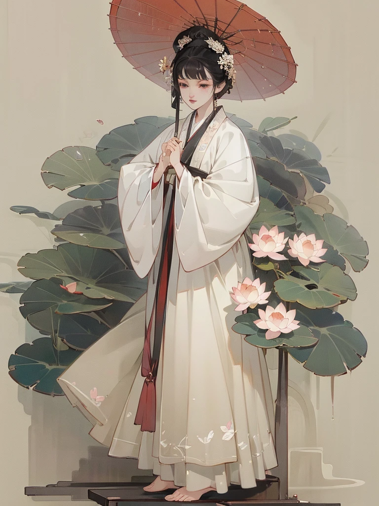 ((4K,Masterpiece,Best quality)), water ink, Traditional Chinese painting, lotus flower,very heavy rain，Hanfu, , Dress conservatively 1girl, Solo, cabelos preto e longos, streaming tears, standing on your feet, feet in water, The barefoot,