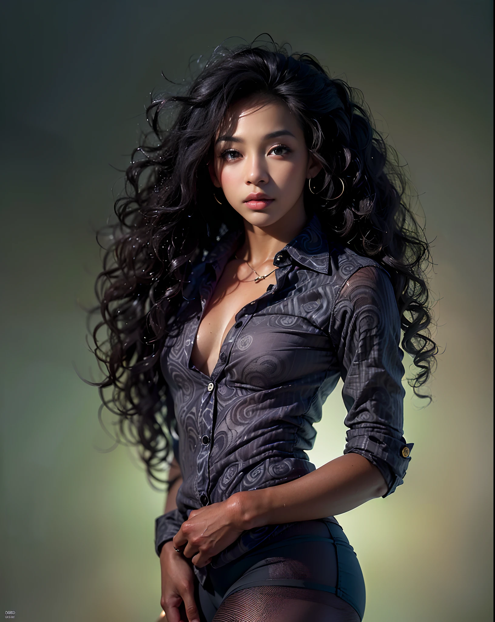 ((21-year-old))) mixed black girl, (((light skin))), (((close-up, full body pose))), (((long curly black hair))), (((seamless black pantyhose))), (((wearing mans button-up shirt, unbuttoned))), Rich, Deep Colours, (intricate details:0.9), (HDR, hyper-detailing:1.2), (natural skin textures, hyper realisitc, glistening skin, soft light, Sharp),
