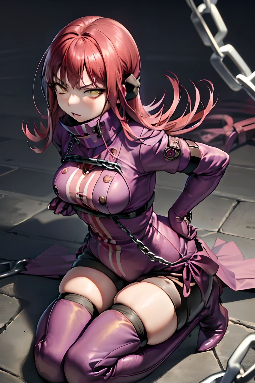 masutepiece, Best Quality, absurderes, Perfect Anatomy, 1girl in, Solo, Yoko Katori, Long hair, purple thighhighs, elbow groves, Purple gloves, Black shorts, uniform, thigh holster, ((all-fours)), embarassed expression、((Chained))、((thigh high boots))、((gargantilha))、((Chains are wrapped around his arms))