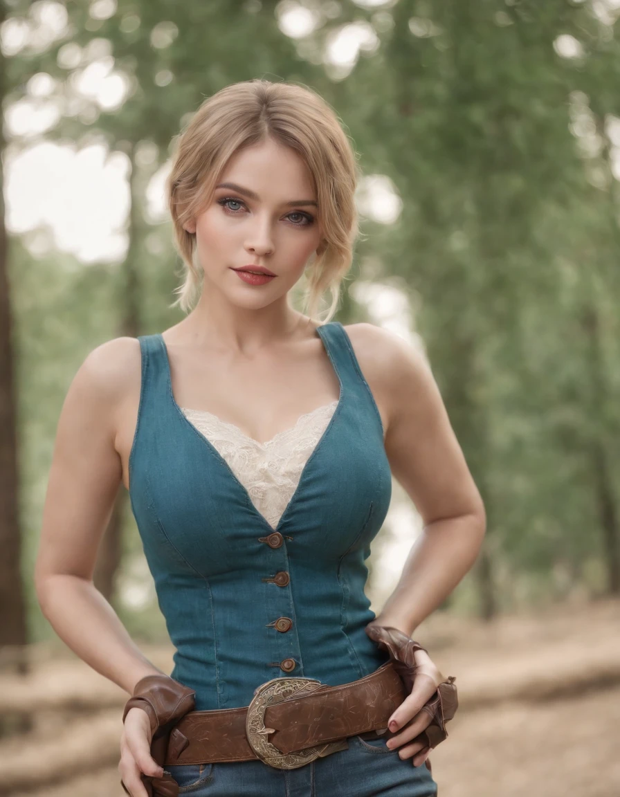 1girl, cowboy hat , (big tits), green vest, no sleeve, navel, blue jeans, brown boots, fingerless gloves, short hair, blonde hair, parted bangs, blue eyes, mole under right eye, american old west, best quality, masterpiece, (skin glistening with sweat)
