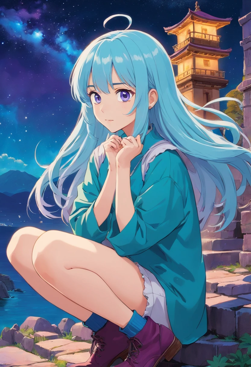 A beautiful young woman (1 girl) about 20 years old. powerful look. Imposing appearance. Long light blue hair, straight hair, ((messy)) hair, ((bangs)) and big (right turquoise, left purple) eyes. Turquoise blouse and purple tide pants. Leather boots. Greek templo ruins background at night, with a starry sky. Drawing the taurus constellation stars in the sky.