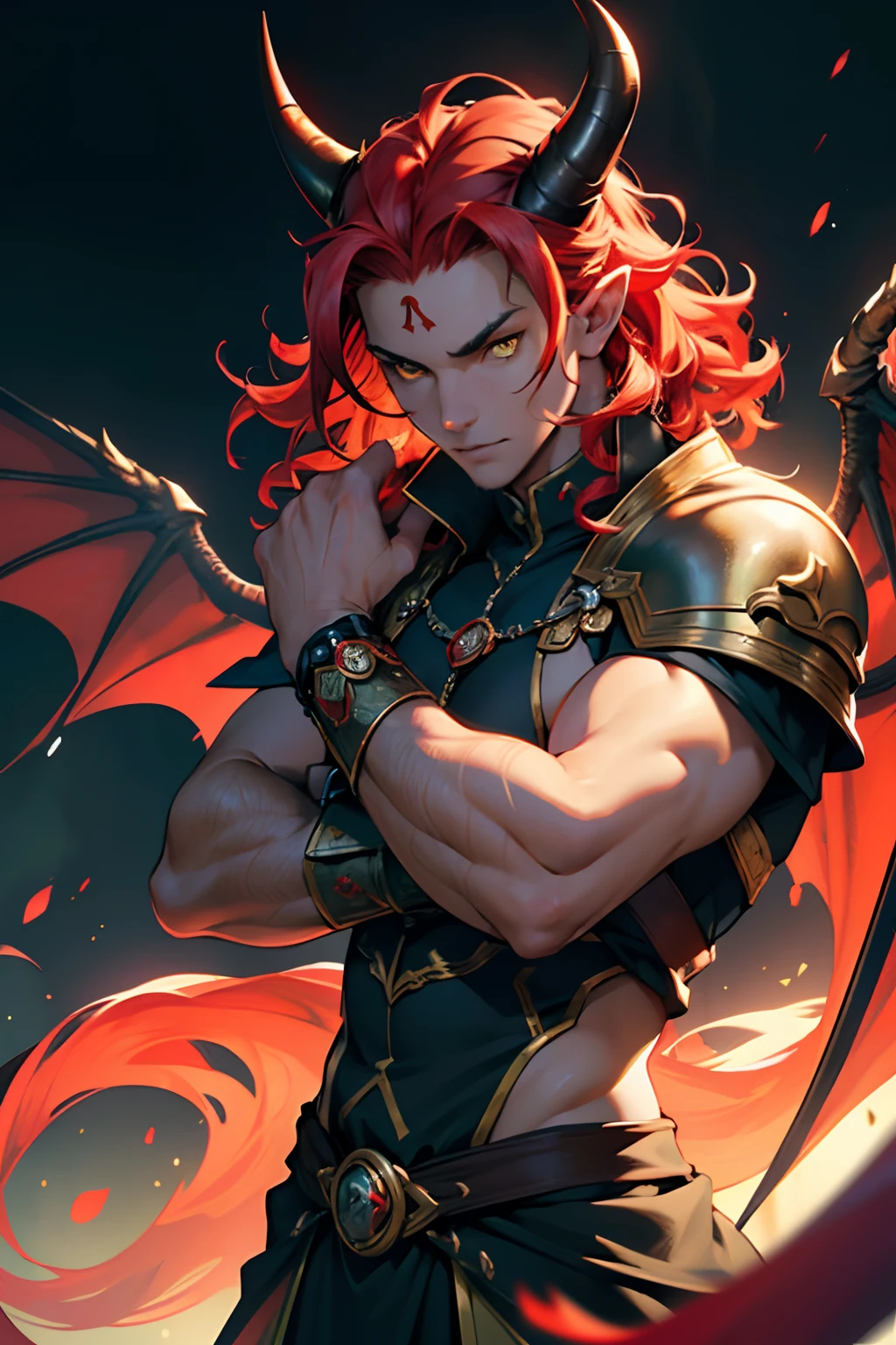 beste-Qualit, tmasterpiece, extra high resolution, Detailed, realisti, 独奏, The Man with the Red Skin, with horns, curls that grow from the forehead, red skin, Yellow eyes, tiefling, Devil's Tail, red skin color ,without wings, in full height, no wings, in clothes, Resident's clothes, fantasy, Medieval times, inhabitant, D&D, Horror \(subject\), Dark Fantasy, Depth of field, non-human,(Ultra-detailed:1.3), Finely detailed, Ultra-detailed, (dynamicpose:1.0),(centered, scale to fit the dimensions, the rule of thirds), hight resolution, sharp-focus,(Ultra Detailed, Extremely detailed),(Photorealistic works of art:1.37),(extremely detailed CG unity 8k wallpaper),(((bright colours, A striking theme))),(Intricate),(Masterpiece),(Best Quality).