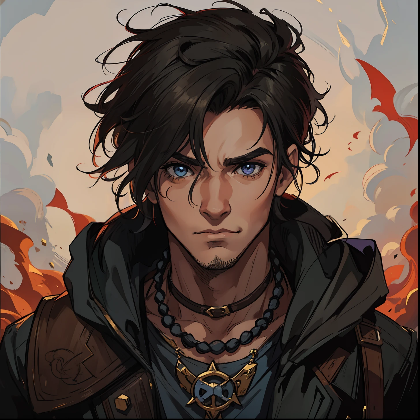 1 Homem lindo Steampuk, Cabelo de lado tattuagens, fundo cidade anoite, uma arte para um Jogo de rpg, Non-human art for an RPG ((perfect strokes)) ((cabelo detalhado))
