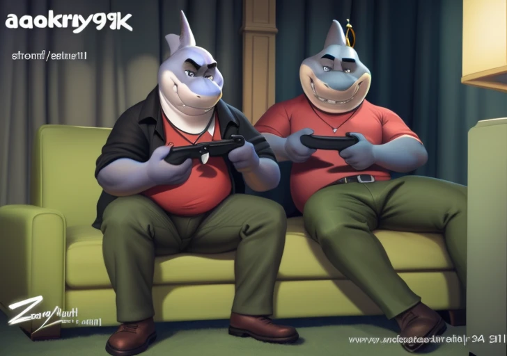 mr shark, plump, fat, belly, black eyes, (pose:1.3), (posing:1.3), (soft shading), 4k, hi res, five fingers, detailed hands, ((detailed face, (detailed eyes:1.0), detailed)), (full body), by zackarry911, by zaush, (by personalami:0.5), looking at viewer, shirt, 1boy, jacket, male focus, open clothes, pants, red shirt, dog tags, green pants, giant head, huge head, big head. Playing video games with a friend