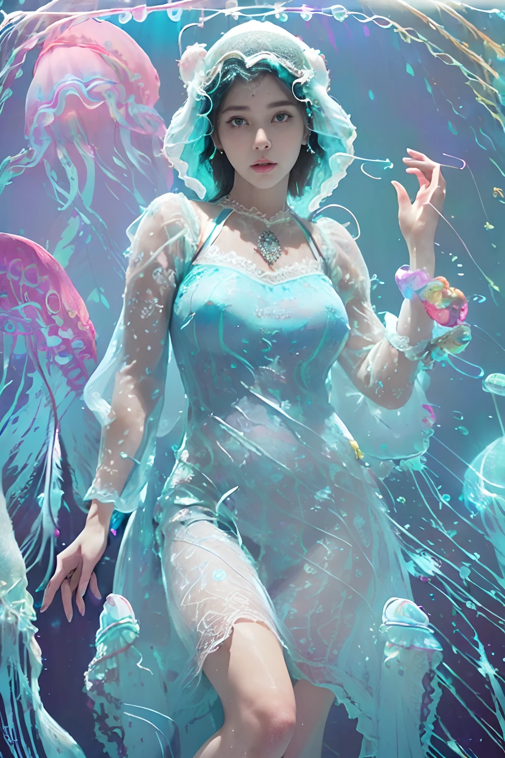 (8K, HDR, highres), ((((Photography, RAW photo, hyperrealism, masterpiece, best quality, ultra highres)))),best quality, ultra high res, (photorealistic:1.4), 8k resolution, realistic, super photo realistic, highres, ultla detailed, absurdres,
extremely beautiful (lady fused with jellyfish:1.5), (siren:1.2), (covered with jellyfish:1.2), covered with slime,
medium colorful (messy:1.2) hair, flat chest,
(jellyfish dress:2.0), (jellyfish hat:1.5),
(water lace cloths, see through lace cloths, transparent lace cloths, slime lace cloths:2.0),
ultra detailed embroidery school uniform with (puff sleeves:1.8),
(ultra detailed lace underwear:1.3),
(ultra detailed embroidery lace maxi skirt:1.5),
(crystal-clear water material skirt revealing an underwater ecosystem:1.5),
skirt made by water, water ripple on the skirt, water reflection on the skirt,
(deep sea background:1.5), tropical corals, tropical fish,
(ultra detailed embroidery lace jellyfish:1.5), (jewelries, gems:1.8),
(colorful:1.5), (double exposure:1.8), (neon light effect:1.5),
(water ripple:1.2), water drops, water spheres,