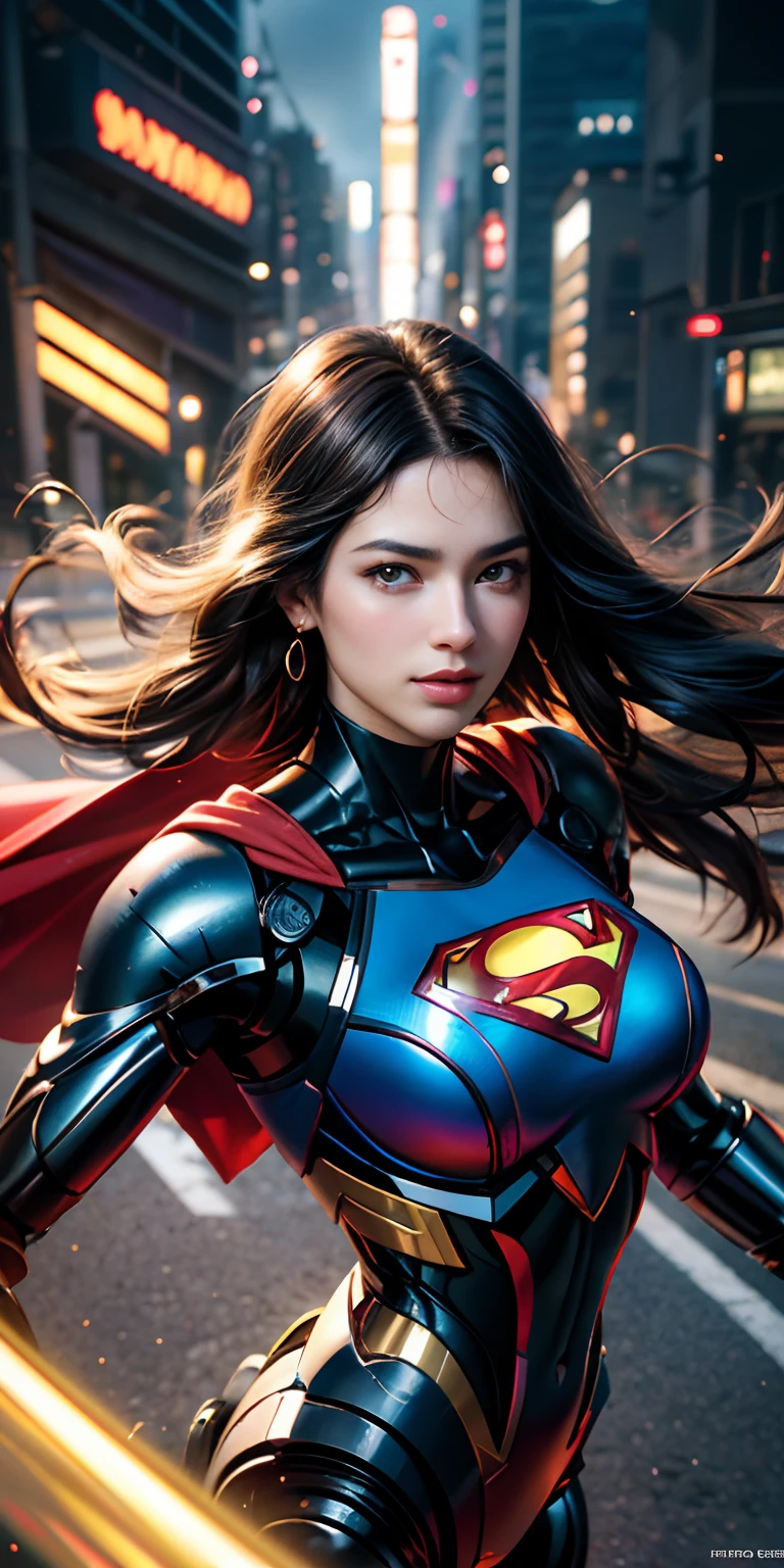 Anime style, (Chica Retrofuturista ciborg robotic Superman), stunningly beautiful portrait photo of Alina Gorokhova, 21-year-old, cuerpo completo, top angle, curvas corporales, ombligo, minifalda, Piel suave y cremosa, Hermosos ojos granates, Hermosos detalles faciales, ((Antecedentes de Manhattan) )), Medium low angle shooting, codicioso y atractivo, incredibly euphoric beautiful, vivid emotion, peach fuzz, symmetrical circular iris, maquillaje natural Glitter, Humedad detallada, Gotitas detalladas, mechones de cabello intrincados detallados, DSLR, reflejado en raytraced, Pino Deni, Bud Melmann de Larry, symmetrical face and body, CGSociety, Gottfried Hernwein e Irakli Nadal, reflejos oculares, Focus, Motor Unreal 5, VFX, Film Photography, Detalle extremo, Ultra HD, Post-procesamiento, post-production, unique face, Tanvir Tamim, ultra-realistic photography, Foto con Hasselblad X1D-50c, ISO 100 , retrofuturista ciborg,ciborg luces ee neon,big tits,rayos rojos en los ojos ,muy sexy