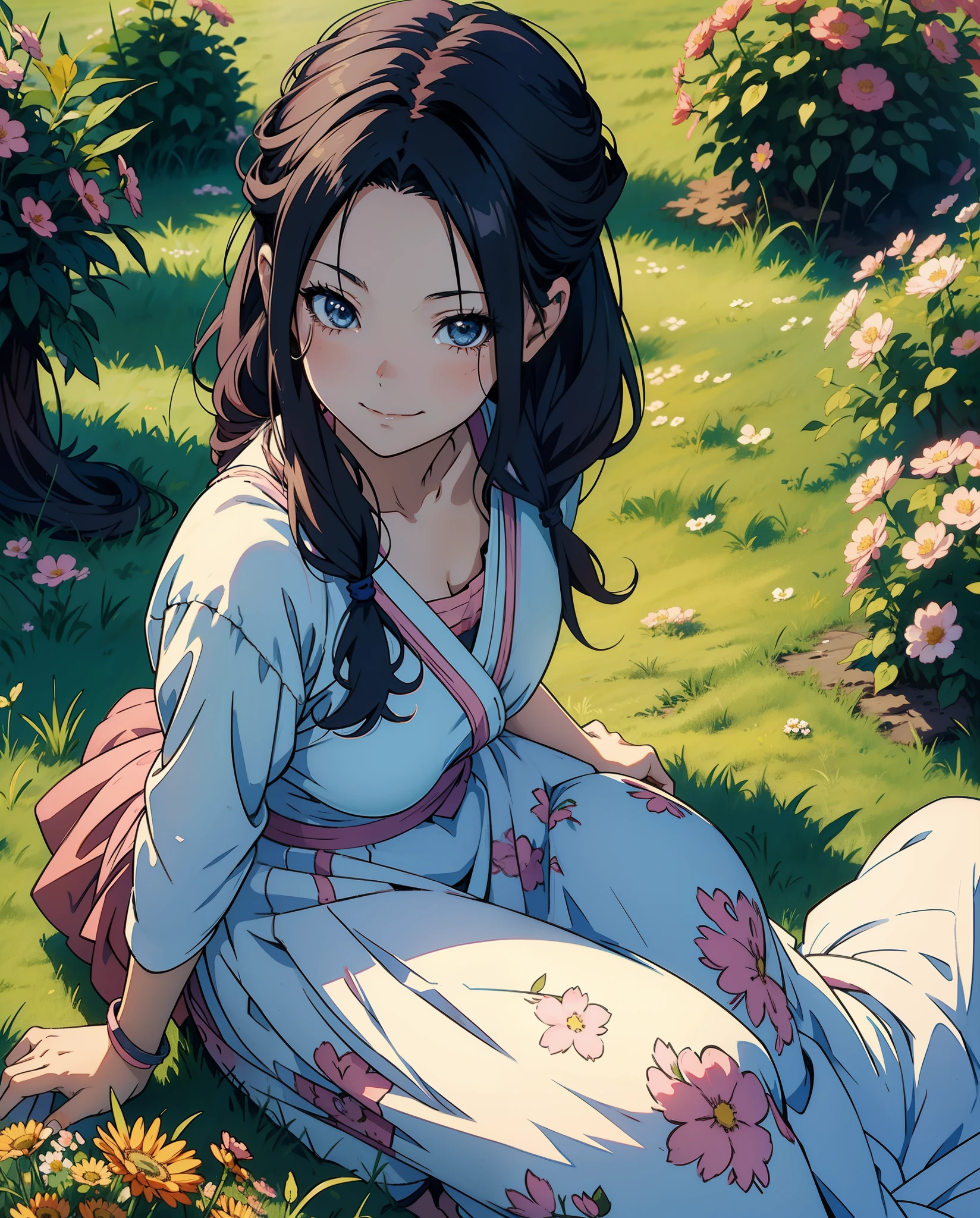 Anime girl in the anime style of the retro sitting in a field of flowers and looking at the camera, smiling. pastel-colored