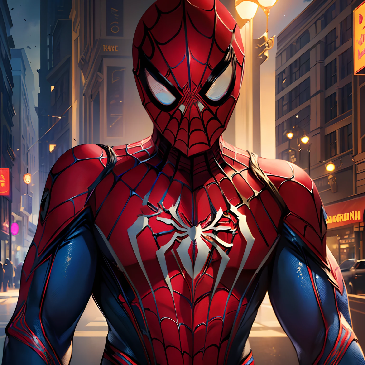 (Ultra-Detailed:1.2), 8K, Best Quality, (Masterpiece:1.2), (Illustration:1.2), (Shiny Skin), (Cinematic Lighting), ((1Boy)), (Rich Detailed Town Background:1.2), (Glowing Eyes), (Pinterest Trends, DeviantArt Trends), (Delicate Detailed), (Intricate Details), Octane Render, (Dynamic:1.2), (Professional Pose), ((Spider-Man:1.2)), (Muscle, Hot Body)