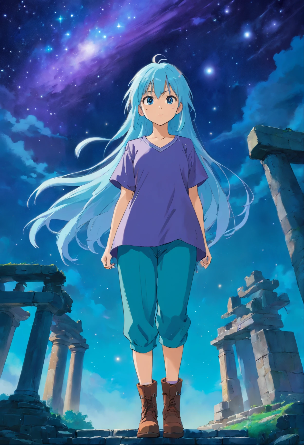 A beautiful young woman (1 girl) about 20 years old. powerful look. Imposing appearance. Long light blue hair, straight hair, ((messy)) hair, ((bangs)) and big (right turquoise, left purple) eyes. Turquoise blouse and purple tide pants. Leather boots. Greek templo ruins background at night, with a starry sky. Drawing the taurus constellation stars in the sky.