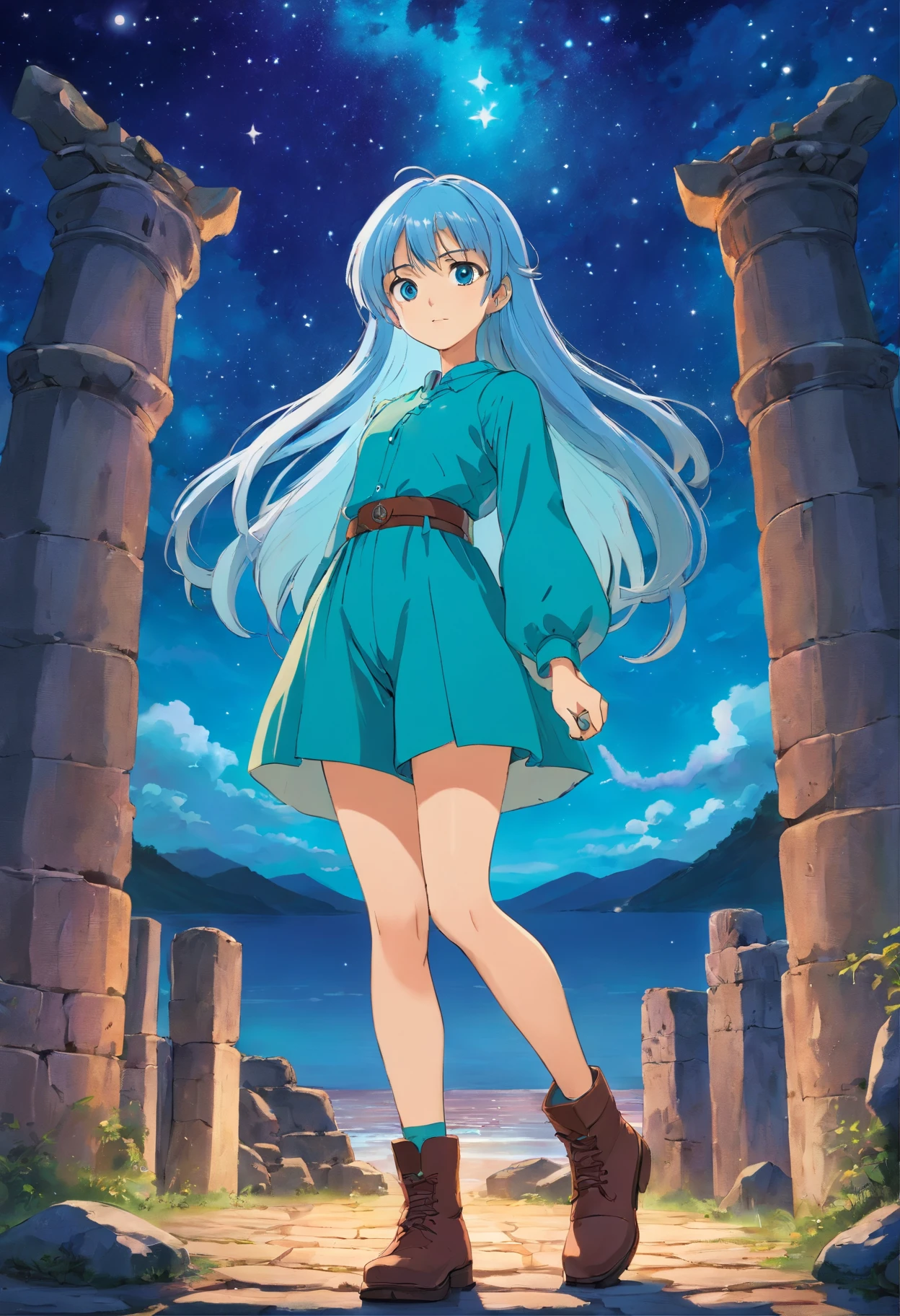 A beautiful young woman (1 girl) about 20 years old. powerful look. Imposing appearance. Long light blue hair, straight hair, ((messy)) hair, ((bangs)) and big (right turquoise, left purple) eyes. Turquoise blouse and purple tide pants. Leather boots. Greek templo ruins background at night, with a starry sky. Drawing the taurus constellation stars in the sky.