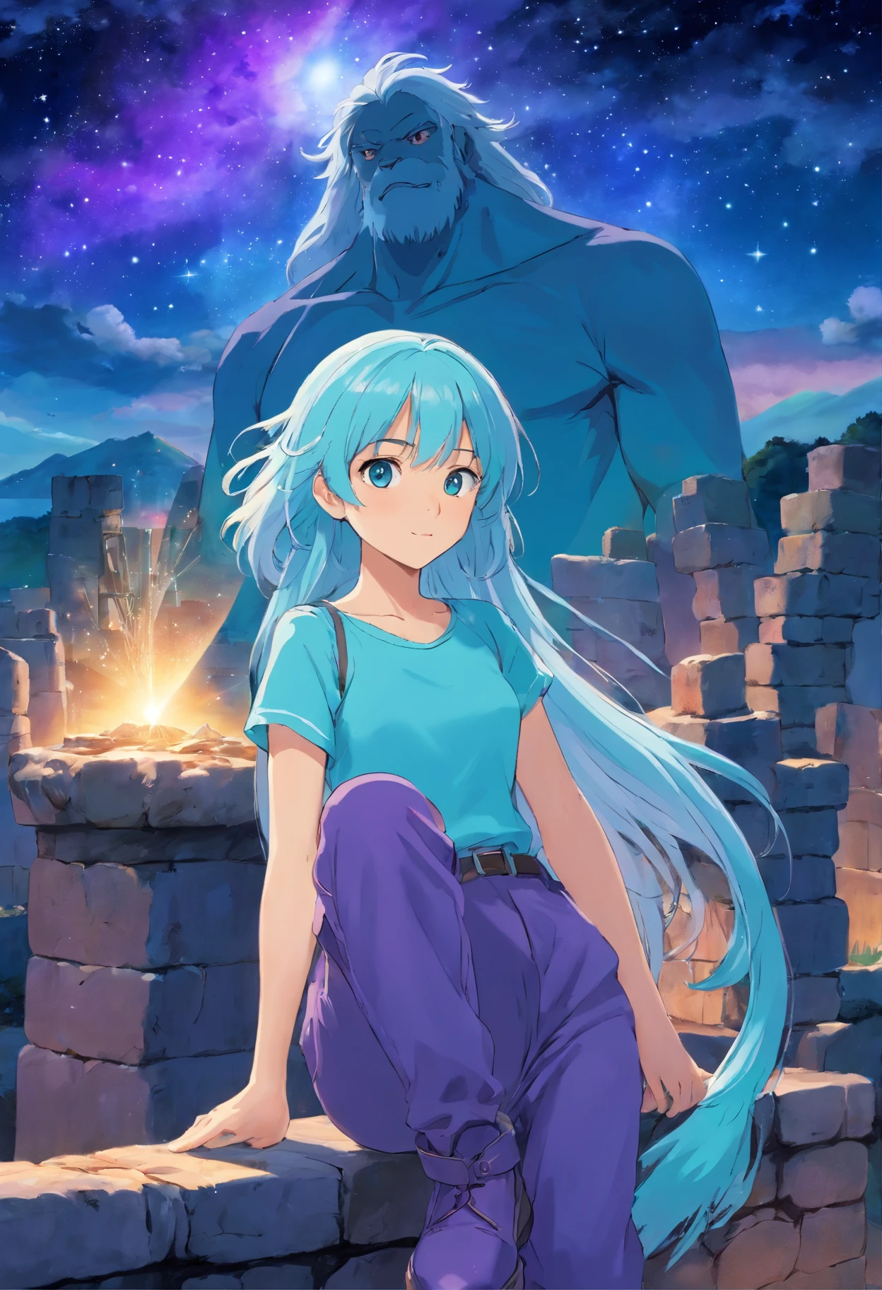 A beautiful young woman (1 girl) about 20 years old. powerful look. Imposing appearance. Long light blue hair, straight hair, ((messy)) hair, ((bangs)) and big (right turquoise, left purple) eyes. Turquoise blouse and purple tide pants. Leather boots. Greek templo ruins background at night, with a starry sky. Drawing the taurus constellation stars in the sky.