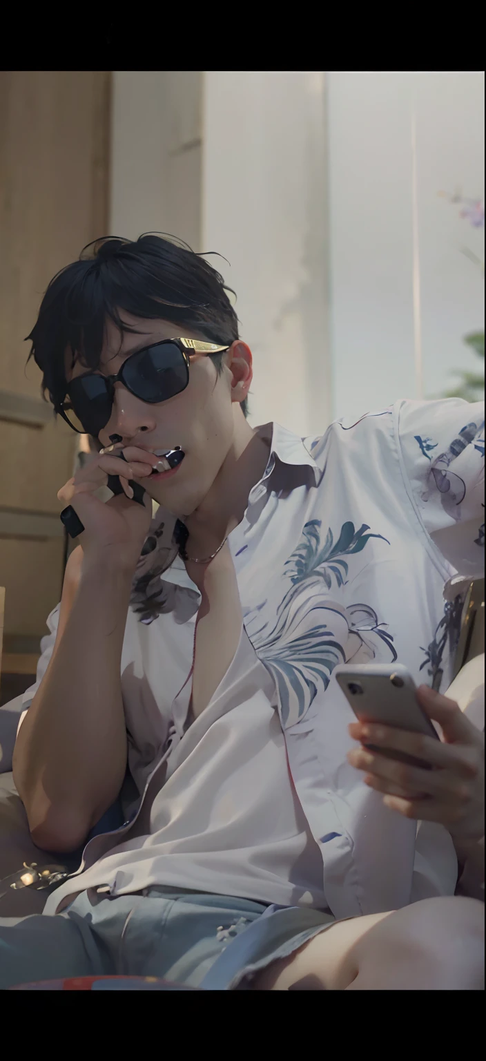 There was a man sitting on a couch holding a mobile phone, looking at his phone, with sunglass, Wearing cool sunglasses, with index finger, wearing shades, Wearing sunglasses, documentary still, Inspired by Ding Guanpeng, looking heckin cool and stylish, still from a music video, vr sunglasses, in style of kar wai wong, hand on his cheek