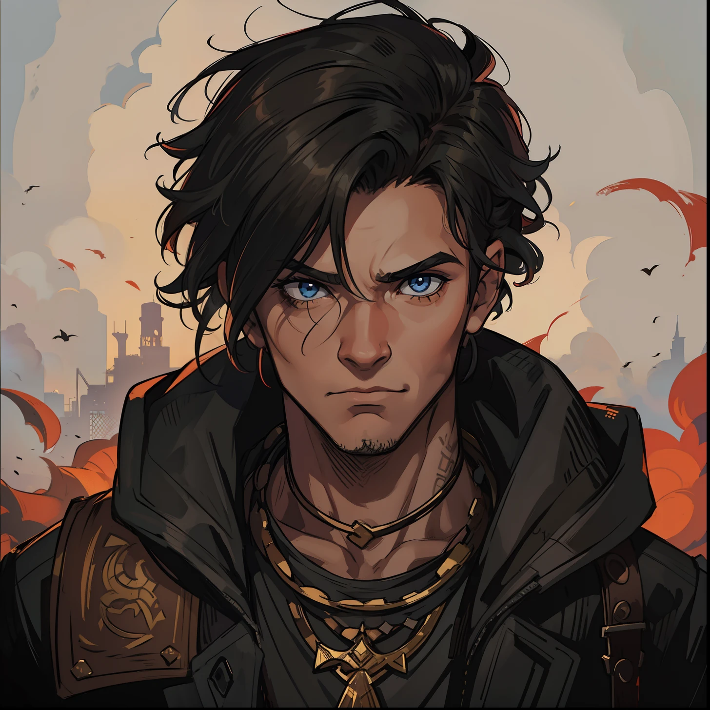 1 Homem lindo Steampuk, Cabelo de lado tattuagens, fundo cidade anoite, uma arte para um Jogo de rpg, Non-human art for an RPG ((perfect strokes)) ((cabelo detalhado))