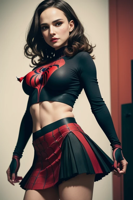 Natalie portman、Sticking out the navel、newyork、She wears a torn Spider-Man suit,wearing skirt、 Red and black color scheme,Dynamic、masterpiece、top-quality、ultra-detailliert、ighly detailed、beautiful detailed brilliance、超A high resolution