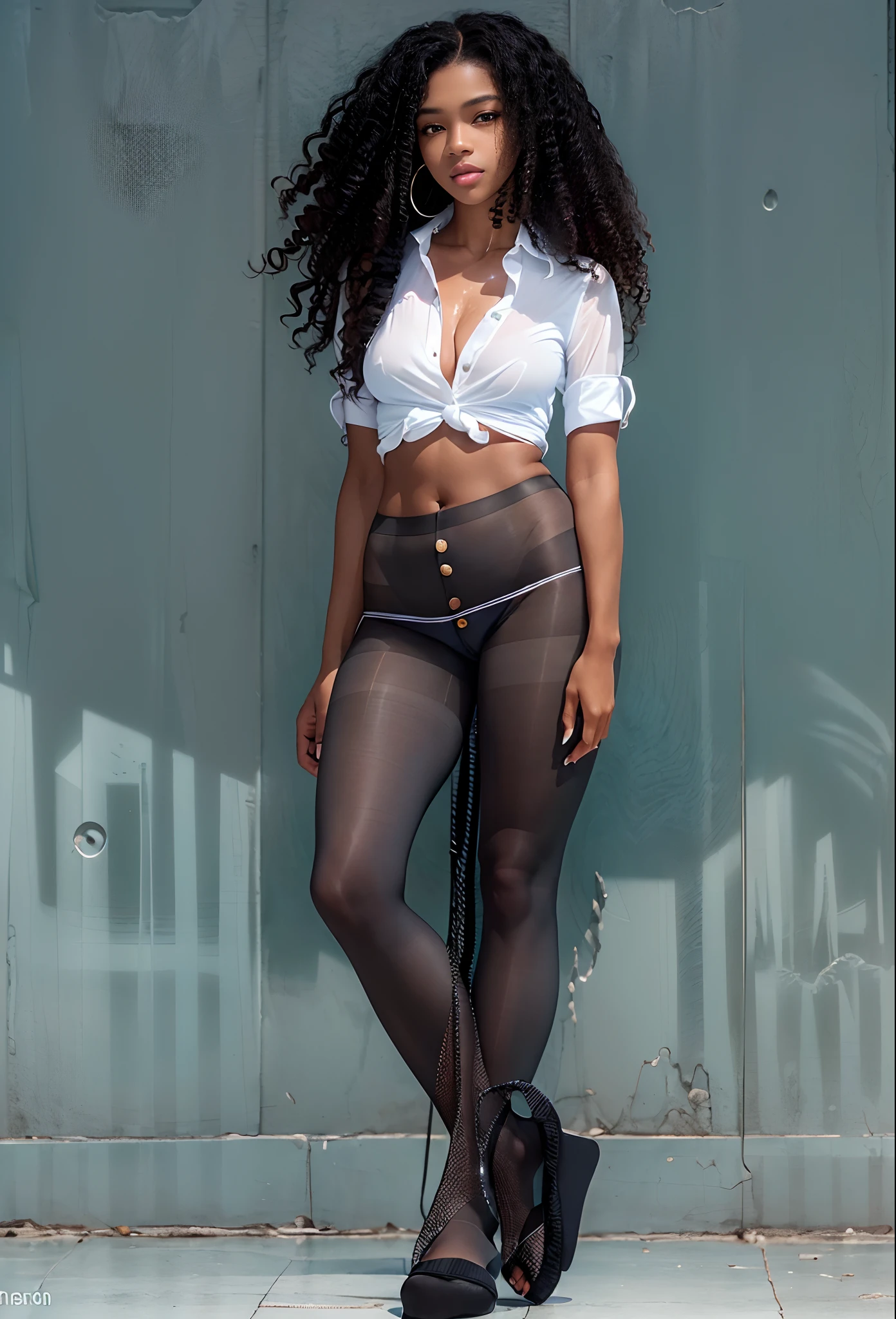 ((21-year-old))), mixed black girl, (((light skin))), (((full body pose))),  (((long curly black hair))), (((wearing only a mans long, white, button-up shirt, unbuttoned))), (((only seamless, black  pantyhose under the shirt))), (((no shoes))), Rich, Deep Colours, (intricate details:0.9), (HDR, hyper-detailing:1.2), (natural skin textures, hyper realisitc, glistening skin, soft light, Sharp),