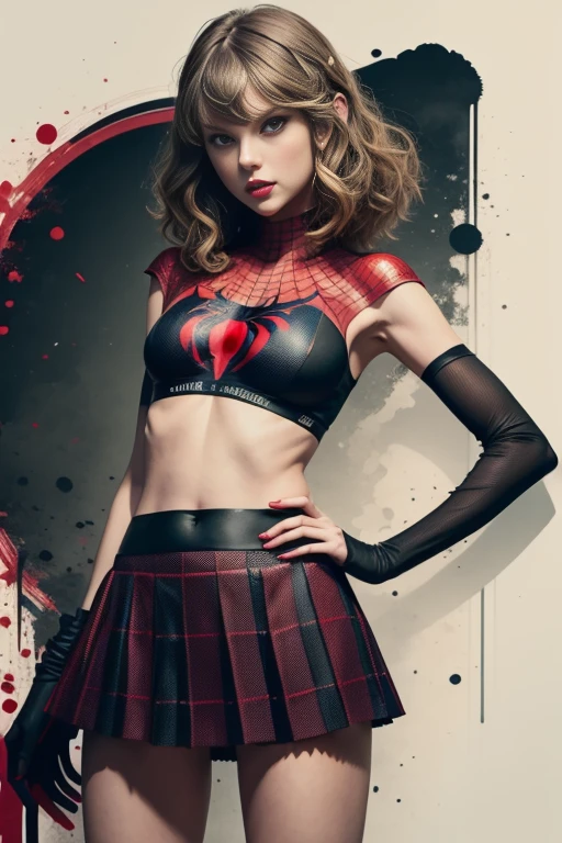Taylor Swift、Sticking out the navel、newyork、She wears a torn Spider-Man suit,wearing skirt、 Red and black color scheme,Dynamic、masterpiece、top-quality、ultra-detailliert、ighly detailed、beautiful detailed brilliance、超A high resolution