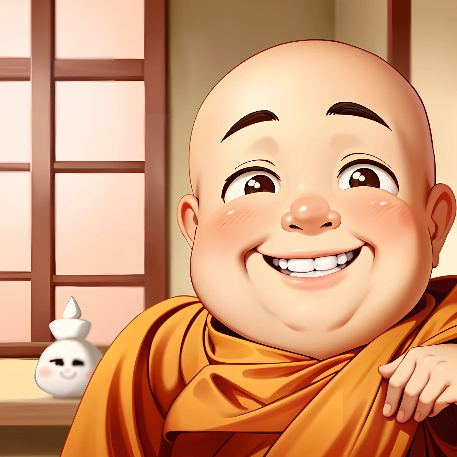 Alafud Laughing Buddha sitting on a chair，Holding a notebook in hand, Cute 3d rendering, Popular on cgstation, 8K)), Cute numbers, He is very happy, author：Russell Dongjun Lu, Memes, 9 Quack, 2 1 st century monk, by Fei Danxu, 8K render”, very calm and wholesome, With a happy expression