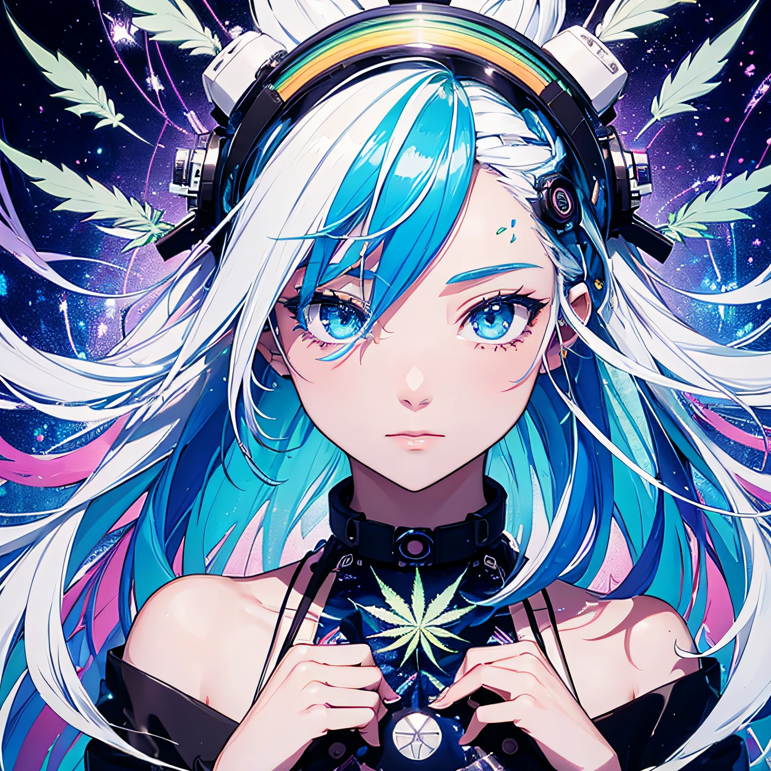 「The Future of Cannabis and Kemri」On the theme of、Drawing a design that connects Kemri and the possibilities of the future。Incorporate glittering colors and glitch effects、Generate images that represent the new world and possibilities of technology。