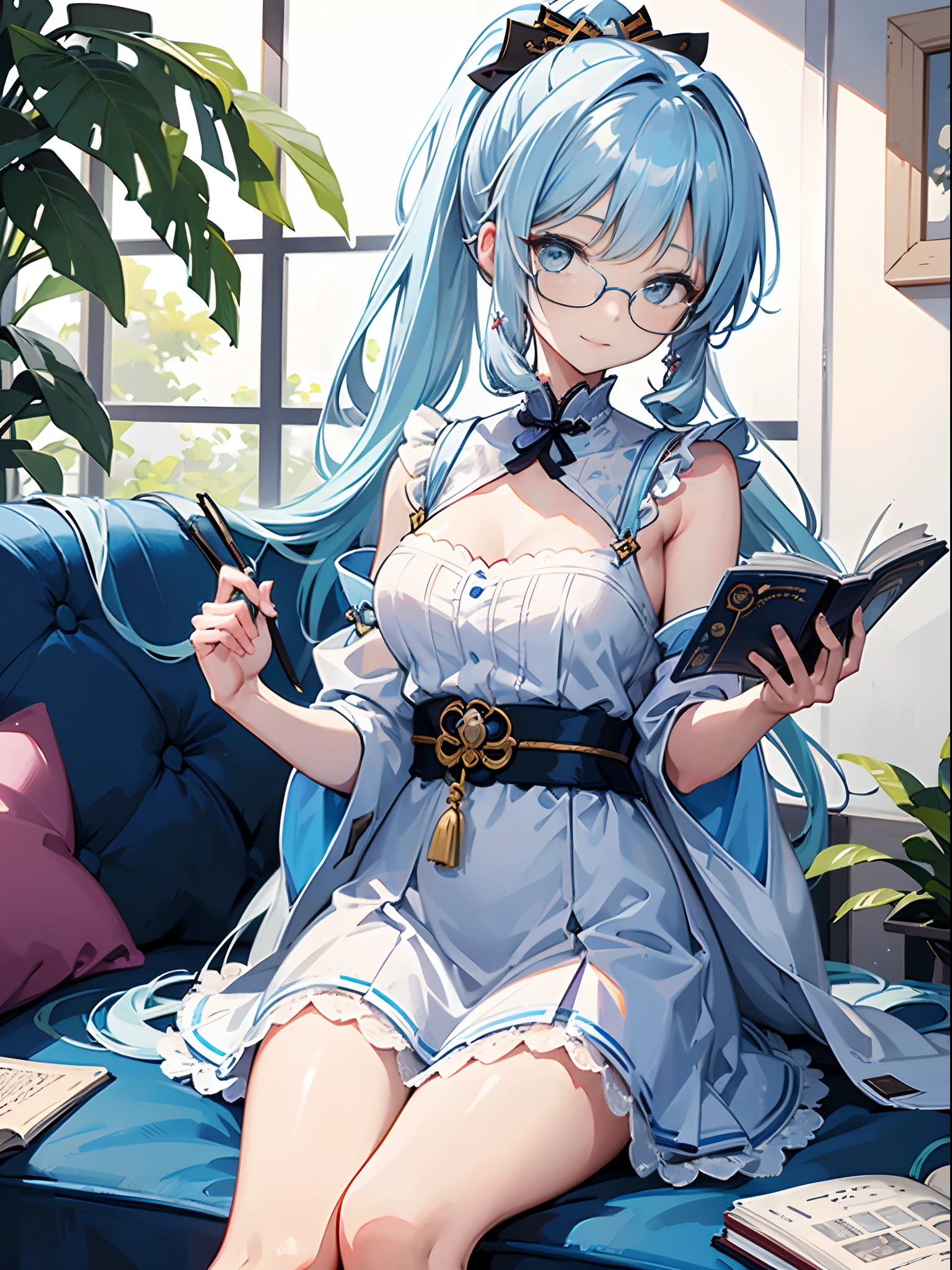 balloons,Winged little girl,Large breasts,Intimate underwear,sandbeach,blue-sky,baiyun,(Books:1.4),Very many books,Super many books,Long brown hair, Floating hair, side locks, Beautiful detailed glass hair, Delicate beautiful face,Wearing glasses, Happy smile