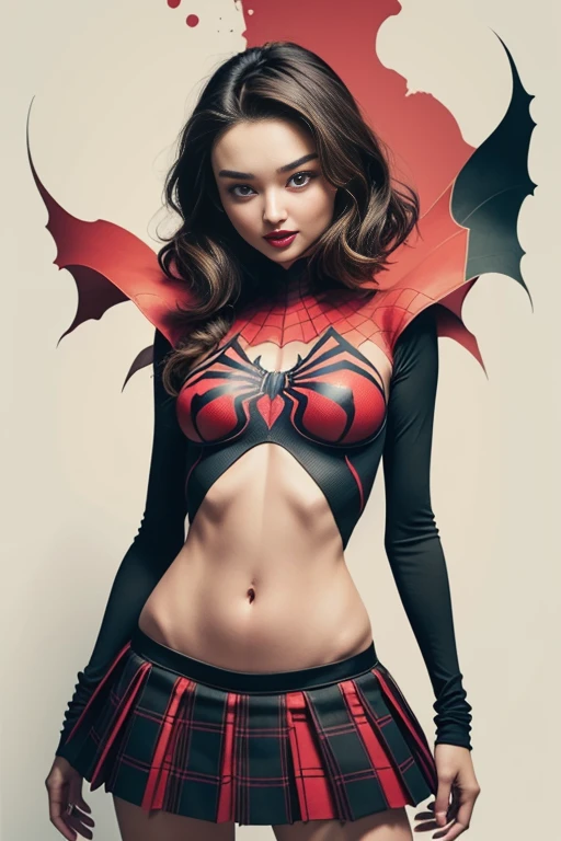 Miranda Kerr、Sticking out the navel、newyork、She wears a torn Spider-Man suit,wearing skirt、 Red and black color scheme,Dynamic、masterpiece、top-quality、ultra-detailliert、ighly detailed、beautiful detailed brilliance、超A high resolution