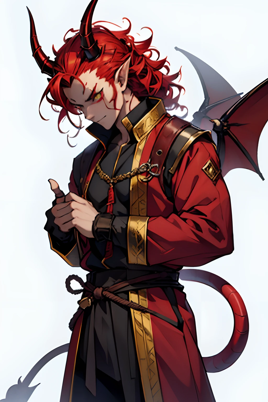 独奏, The Man with the Red Skin, with horns, curls that grow from the forehead, red skin, Yellow eyes, tiefling, Devil's Tail, red skin color ,without wings, in full height, no wings, in clothes, Resident's clothes, fantasy, Medieval times, inhabitant, D&D.
