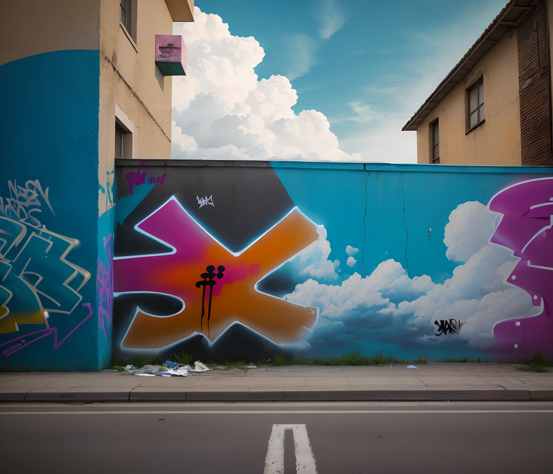 street,cloudy sky,dark,cold,graffiti on the walls