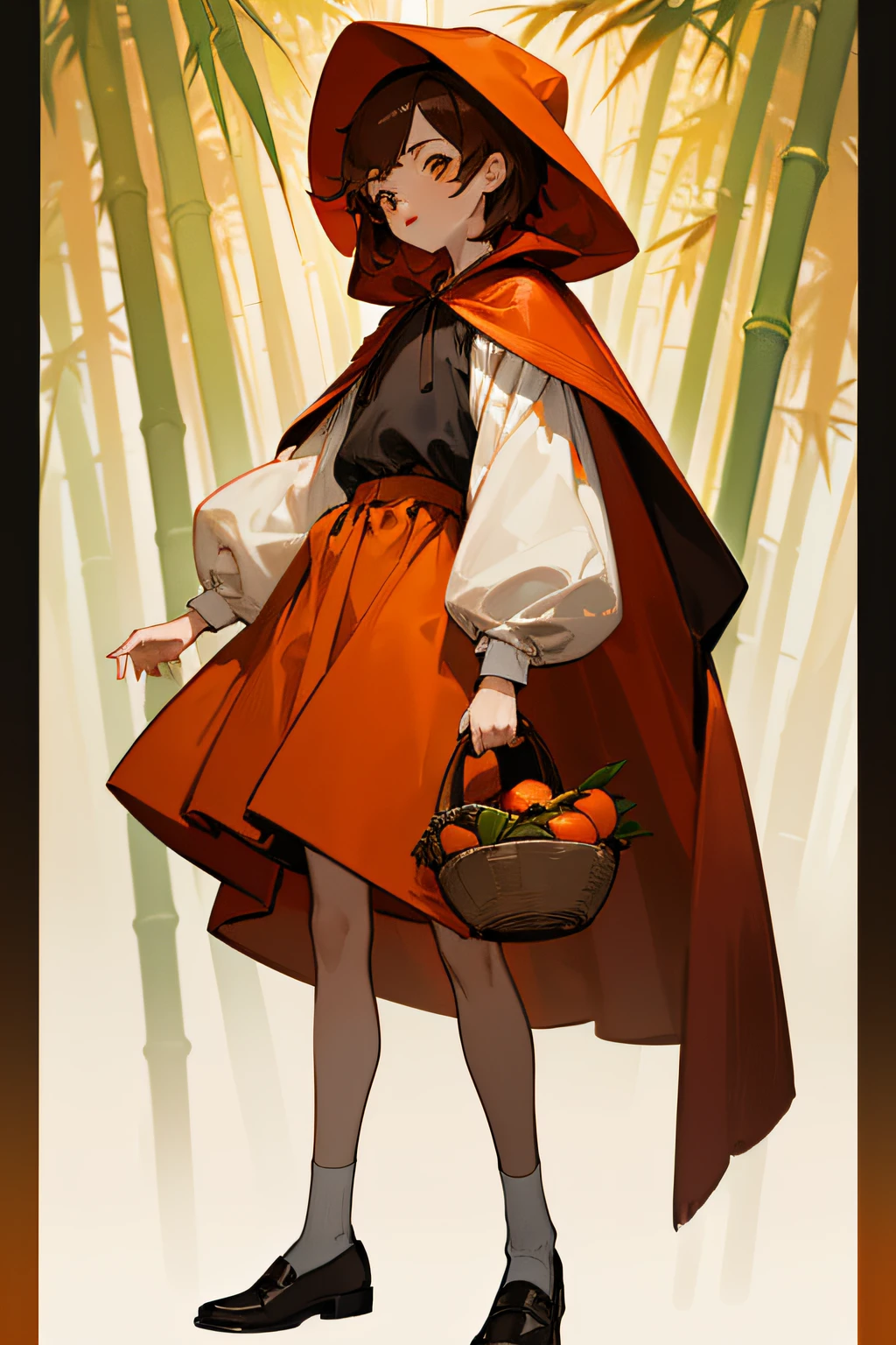 forest backgrou，Cogumelos，littleredridinghood，18 years old boy，Amber brown hair, Orange-yellow details，Casual bib culottes，red hooded cape，White shirt material: linen, Cotton, Silk, Small black leather shoes，Fleece, Full body front design，Bamboo baskets contain fruits