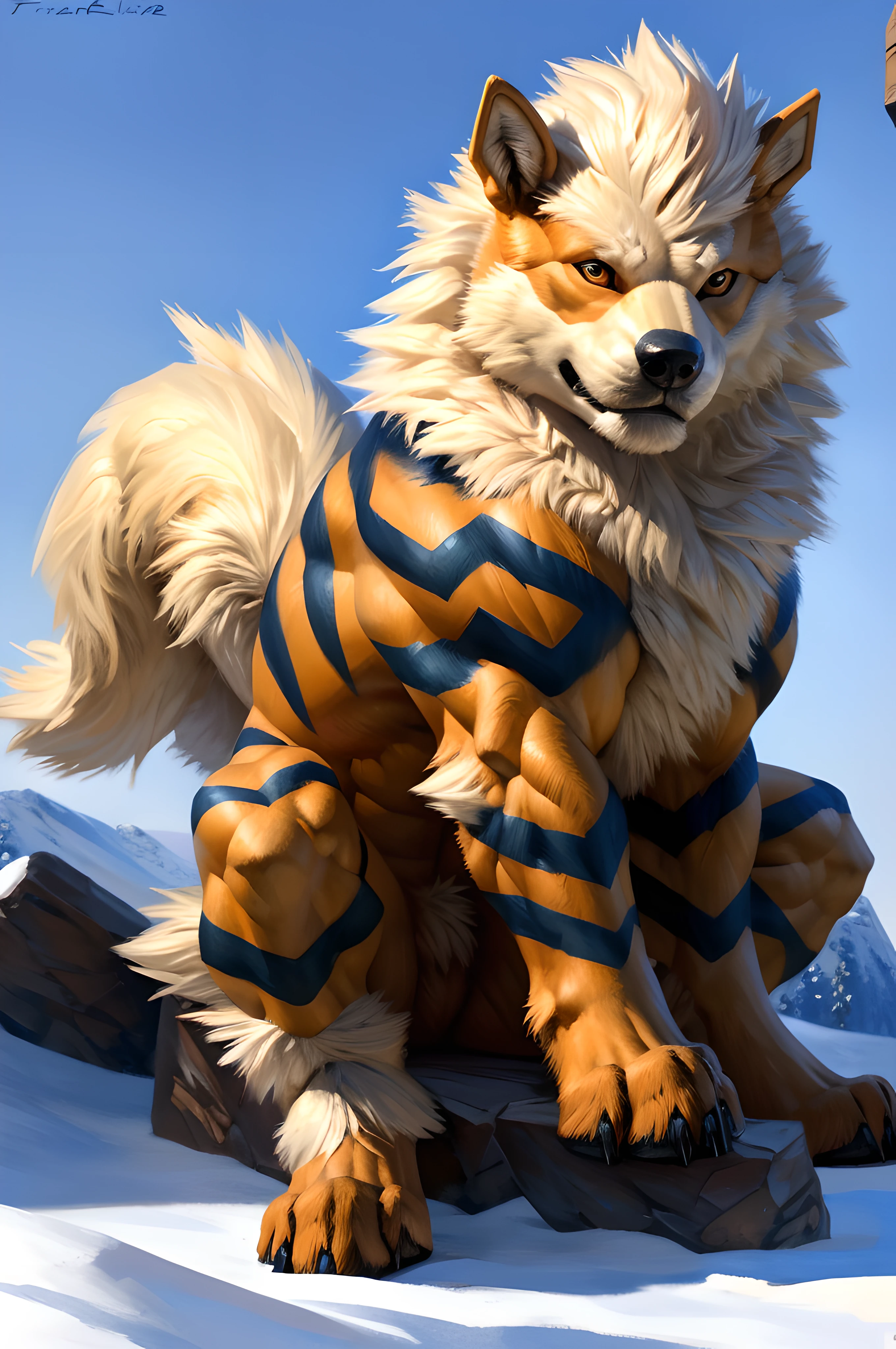 muscular feral arcanine posing for the camera, arcanine, 4k, high resolution, best quality, perfect colors, perfect shadows, perfect lighting, posted on e621, furry body, (feral, feral body, feral arcanine, quadruped arcanine, forelegs:1.25), paws, wolf, solo, male, adult, masculine, (very muscular feral, buff feral, biceps, triceps, heavyweight, thick build, defined muscles:1.3), (pectorals, large pecs, strong chest:1.3), correct anatomy, (photorealistic fur, detailed fur, epic, masterpiece:1.2), (white background, snow:1.1), (by Taran Fiddler), (by echin:0.5), (detailed eyes:1.2), impressive physique, serious eyes, strong chest, (shiny muscles:1.1), majestic, (sitting down:1.2), looking at camera, hindlegs, hindpaws, four feet, mane,