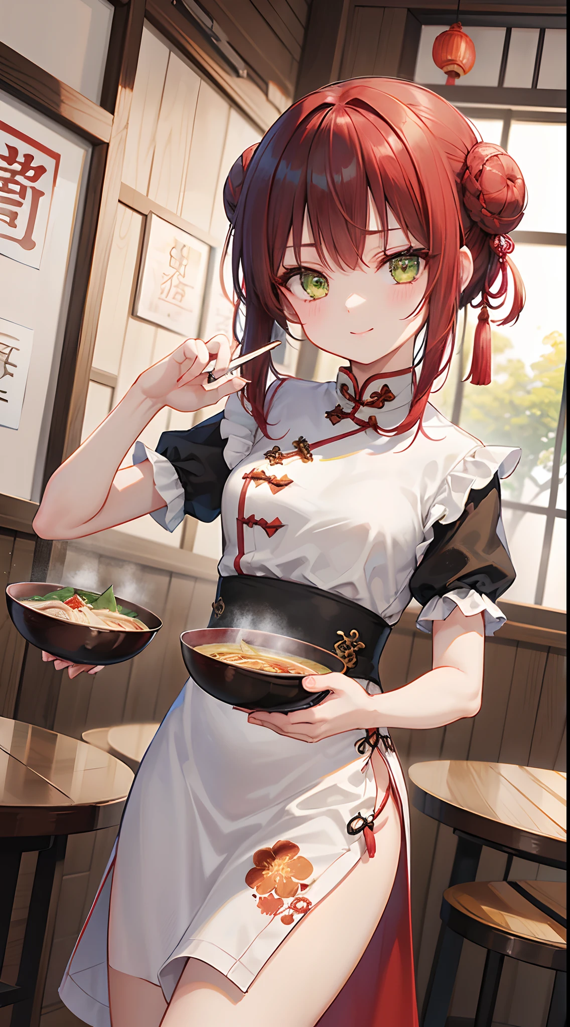 (top-quality), (masterpiece)、(ultla detailed)、(a beauty girl:1.3)、Lori、cute little、Black cheongsam、slit、(Bun hair)、A dark-haired、The bristles are green、(yellow-green eyes)、A smile、(18year old:1.3)、Medium chest、(Longhaire)、(Short sleeves)、(Daytime:1.2)、Maxi length、Luxurious embroidery、(Standing)、red hair tie、(Chinese Restaurant)、I'm trying to eat ramen noodles、kung fu pose、From the front、cowboy shot、Indoor、Slender feet、