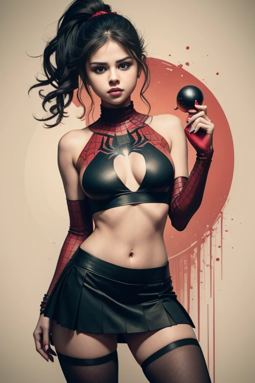 Selena Gomez、Sticking out the navel、newyork、She wears a torn Spider-Man suit,wearing skirt、 Red and black color scheme,Dynamic、masterpiece、top-quality、ultra-detailliert、ighly detailed、beautiful detailed brilliance、超A high resolution