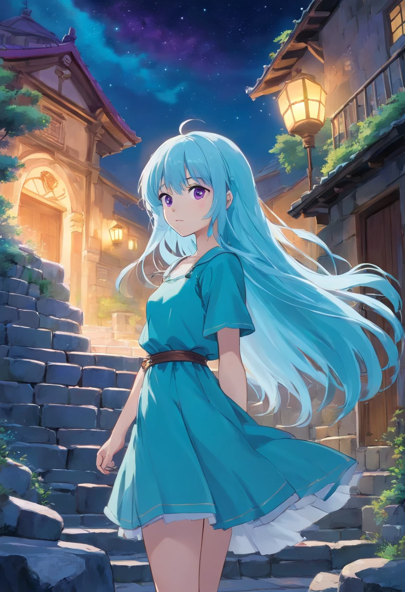 A beautiful young woman (1 girl) about 20 years old. powerful look. Imposing appearance. Long light blue hair, straight hair, ((messy)) hair, ((bangs)). hair blowing in the air. Ice Cristals an light emerging for her right hand. big (right turquoise, left purple) eyes. Turquoise corselet and purple tide pants. Leather boots. Greek templo ruins background at night, with a starry sky.