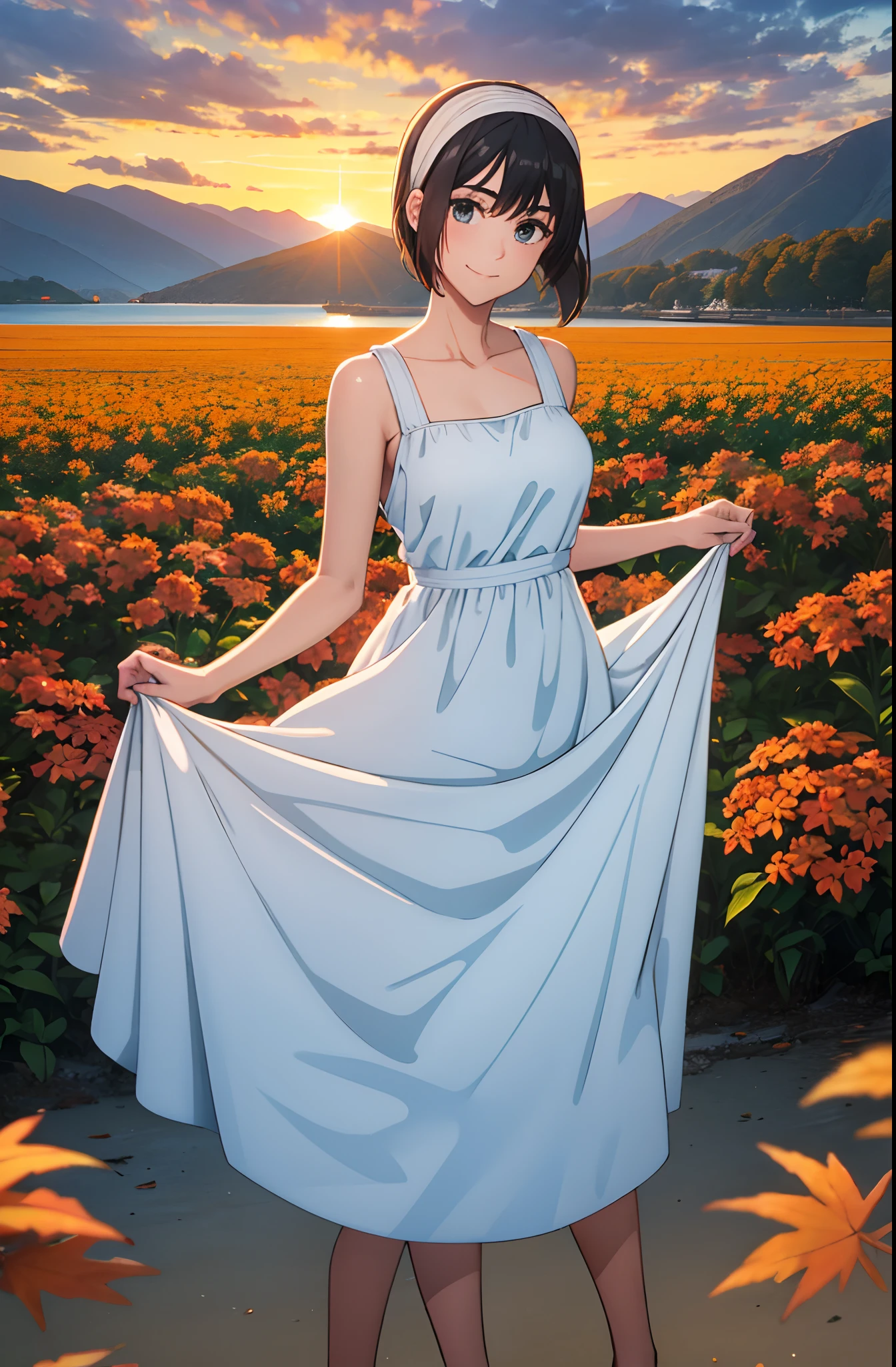 Kai Kokoai, STU48 Kai Kokoai, Short hair, Dark brown hair, 1girl, Autumn, autumn_leaves, Bangs, Beach, blue_sky, Blush, Breast, brown_hair, closed_mouth, Clouds, cloudy_sky, Clavicle, Day, Dress, Field, Flower, flower_field, Horizon, Lake, Leaf, looking_at_ viewer, mountain, mountainous_horizon, sea, outdoors, palm_tree, petal, plant, red_flower, short_hair, skirt_hold, sky, smile, solo, standing, sunset, tree, twilight, water, white_dress, perfect eye